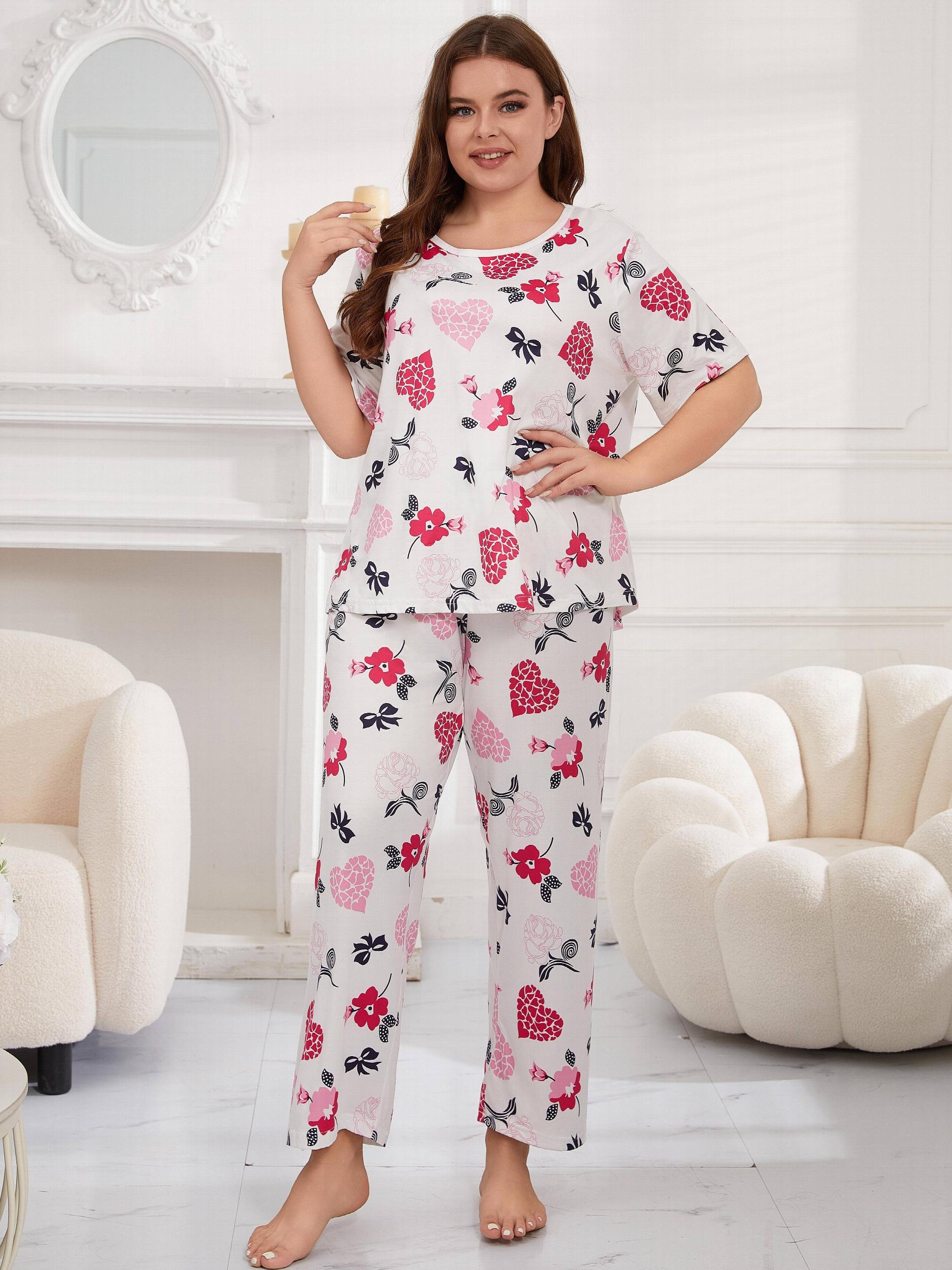  Floral & Heart Print Short Sleeve Tee & Pants Home Wear Set