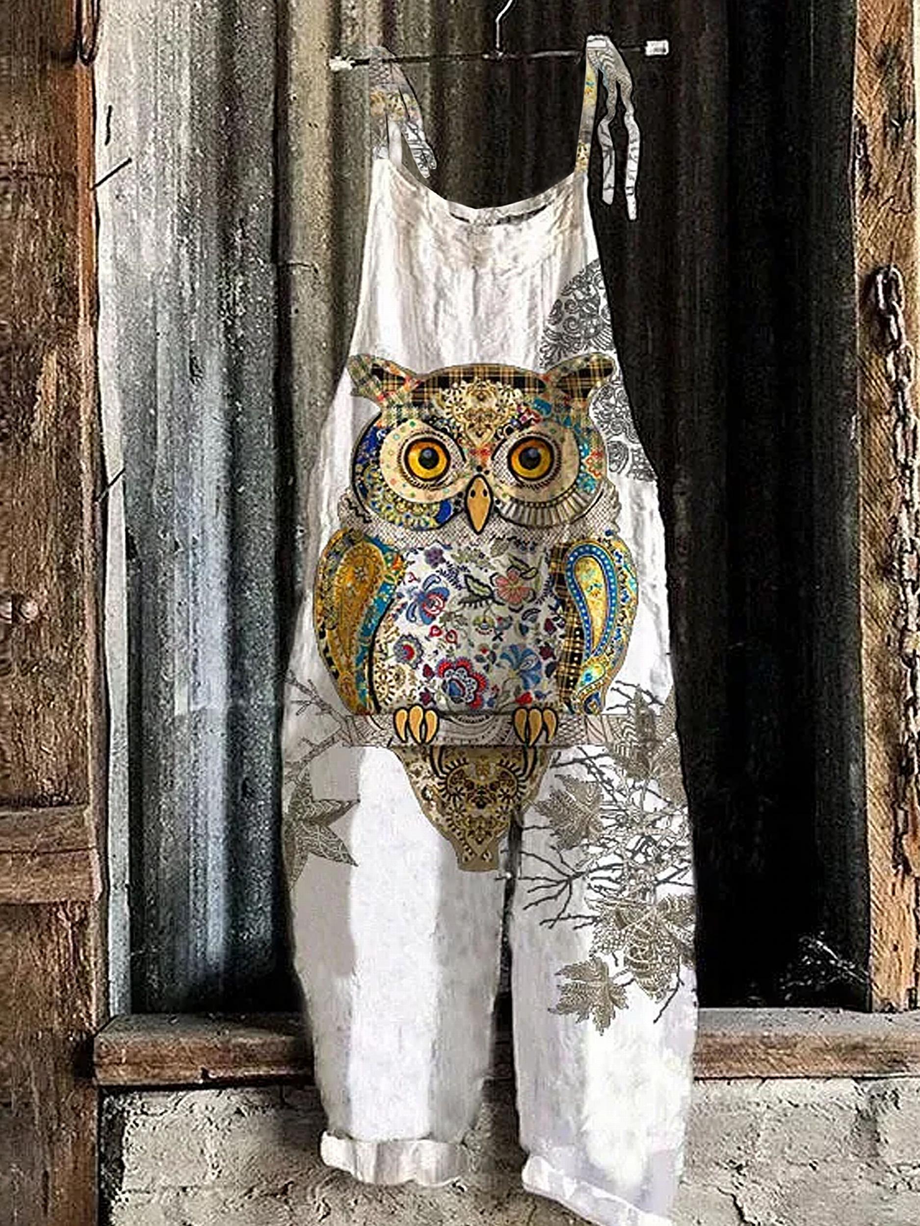  Owl Print Square Neck Tie Shoulder Jumpsuit