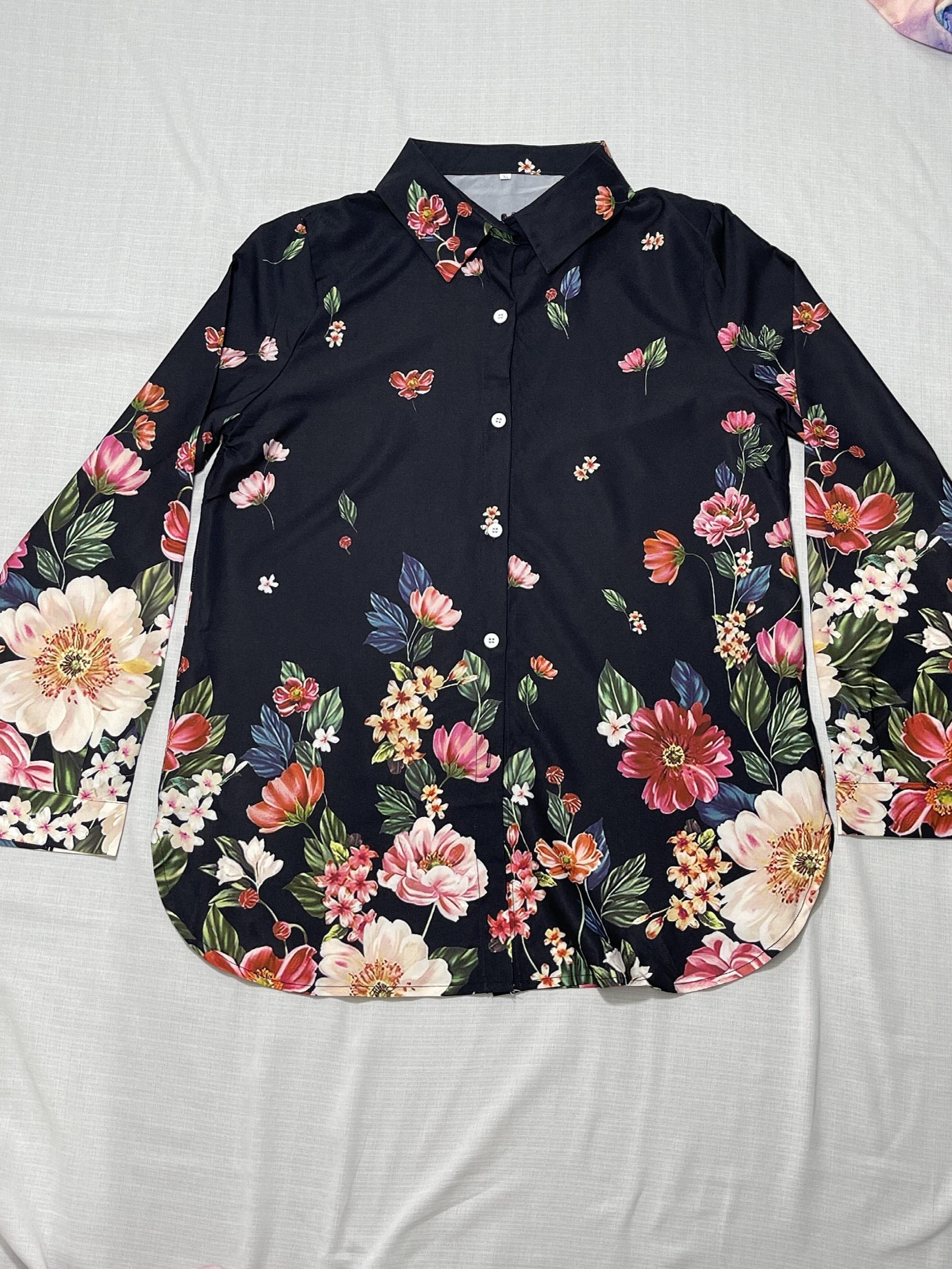  Floral Print Button Up Long Sleeve Blouse