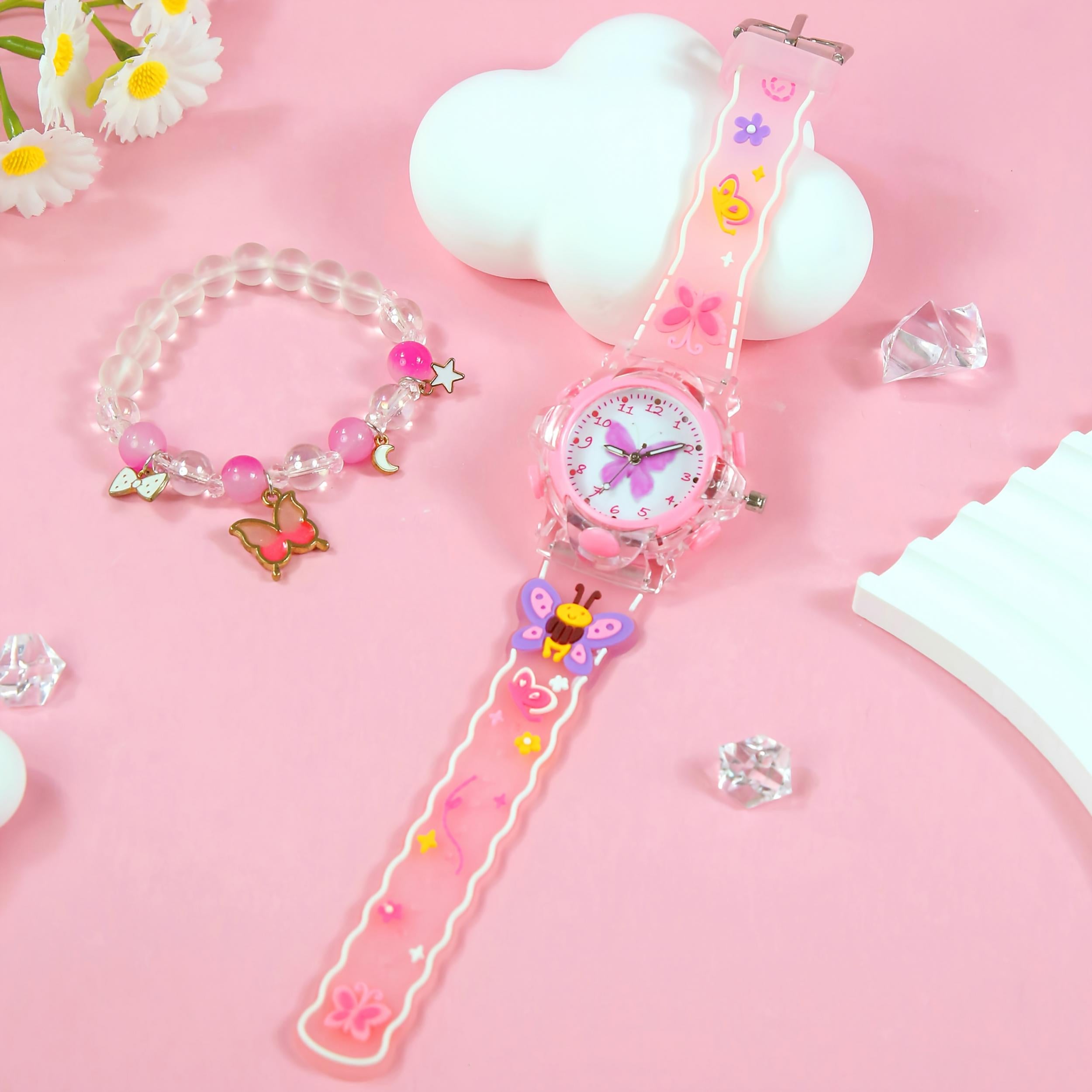 2pcs Girls' Quartz Watch Set with Butterfly Silicone Strap & LED Light