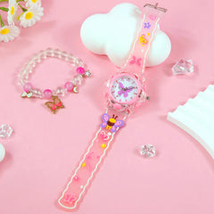 2pcs Girls' Quartz Watch Set with Butterfly Silicone Strap & LED Light