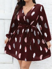 Women's Plus Feather Print Long Sleeve Dress With Belt