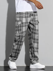 Vintage Plaid Cargo Pants Men's Flap Pocket Straight Trousers