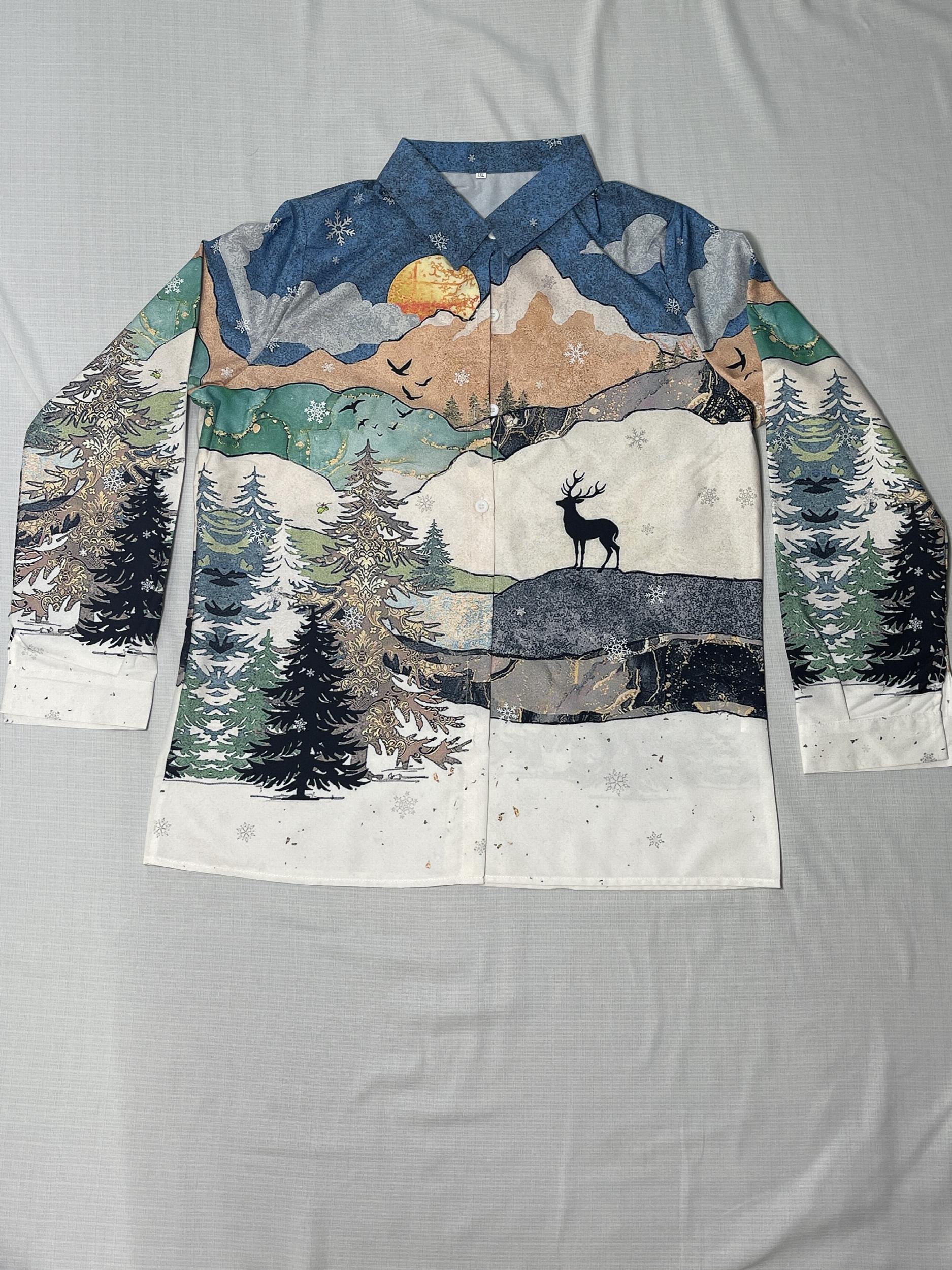  Painting Print Button Up Long Sleeve Blouse