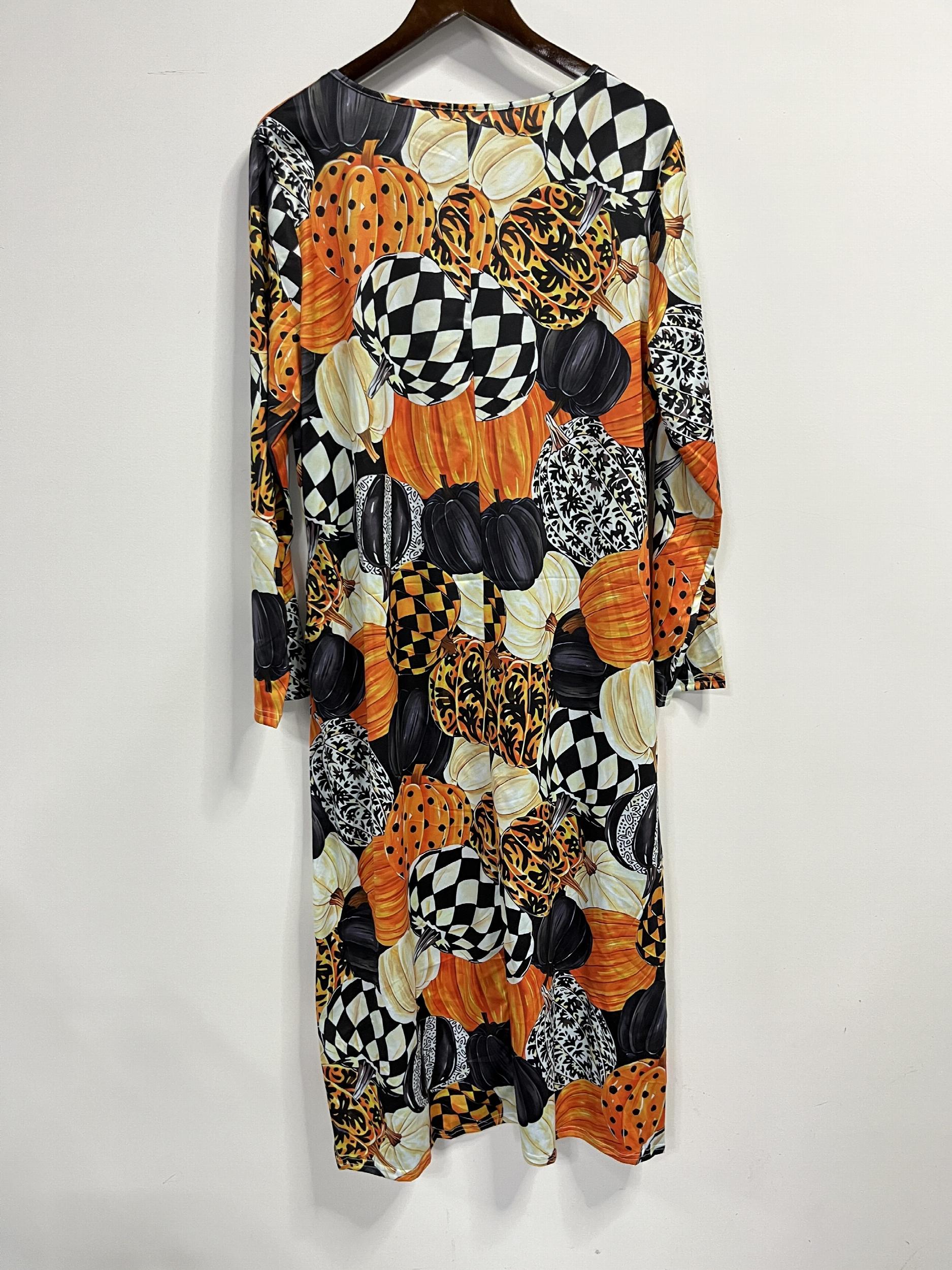  Halloween Pumpkin Print Long Sleeve Dress