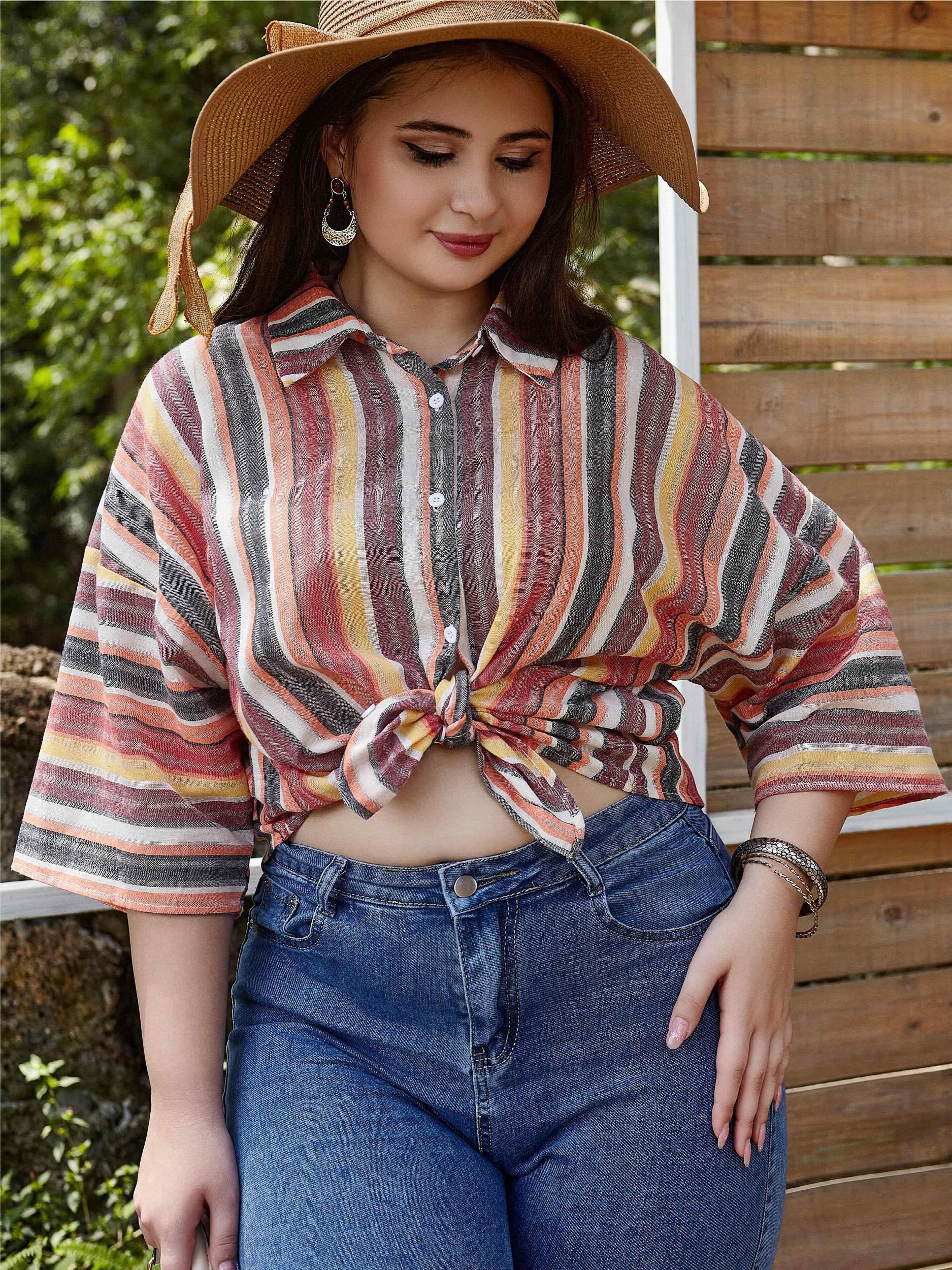  Stripe Print Bat Sleeve Blouse