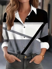  Colorblock Long Sleeve Button Up Collar Shirt Top
