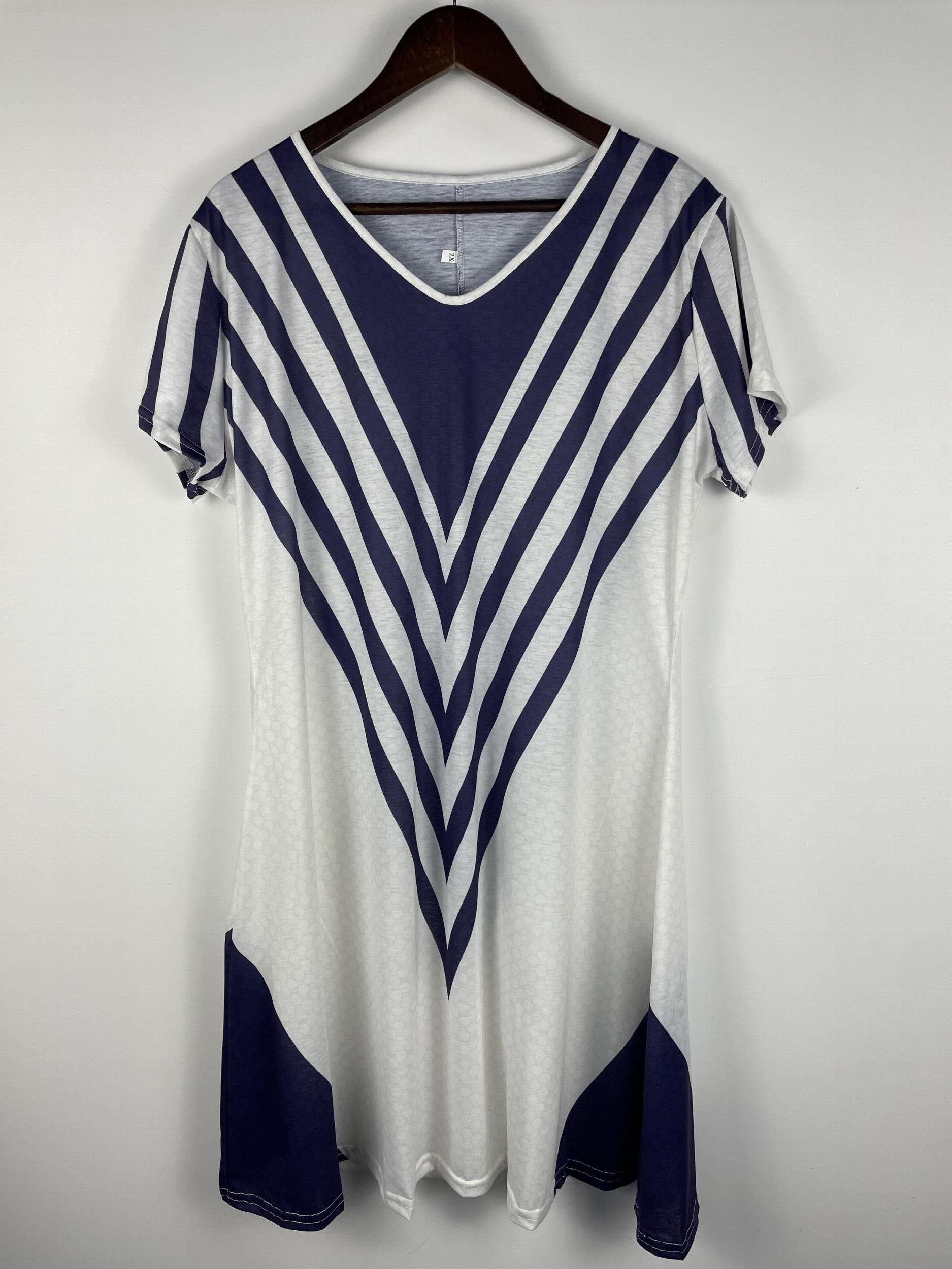  Casual Dress Women's Plus Stripe Print Short Sleeve V Neck Dress