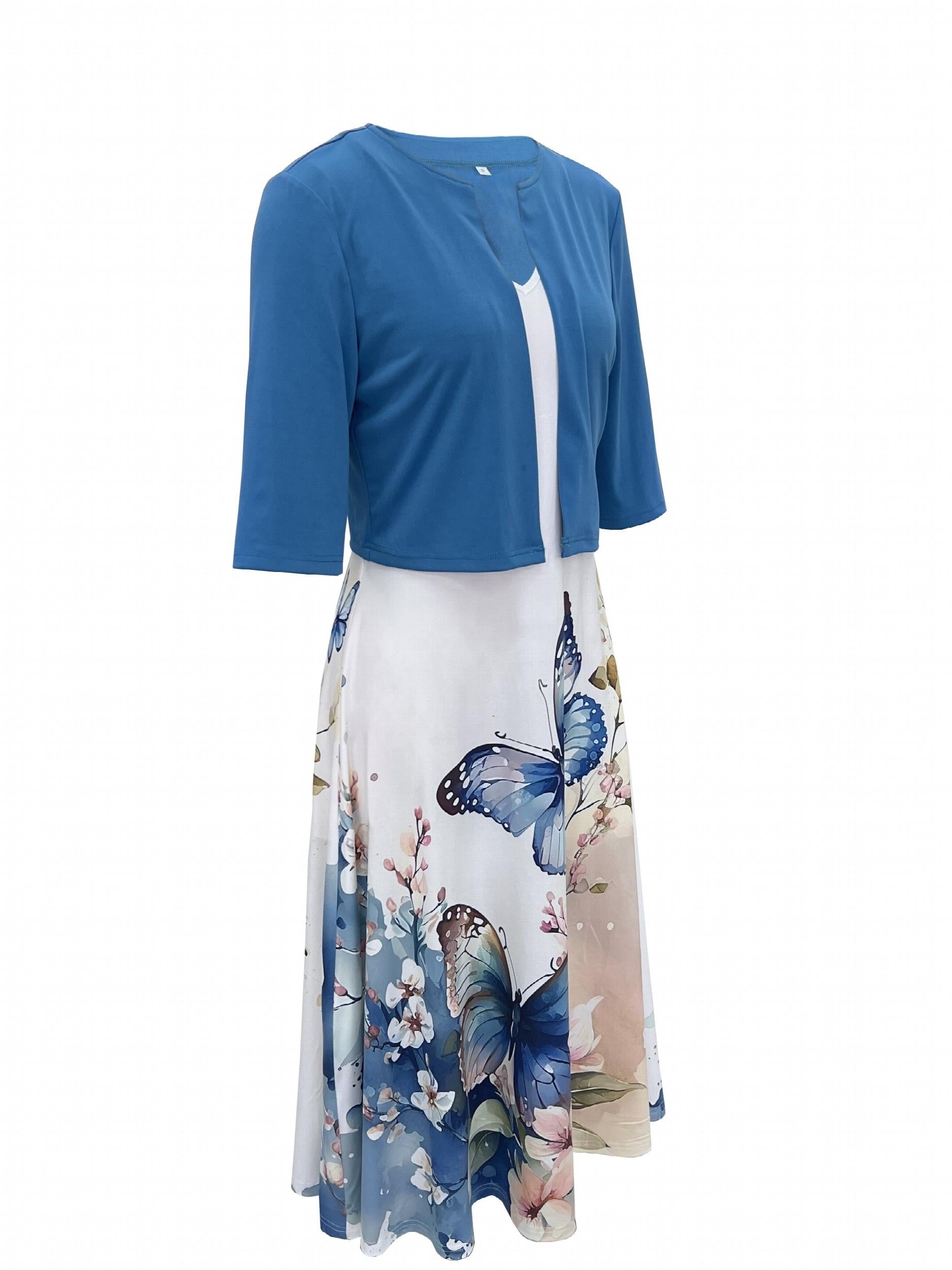 Solid Cardigan & Butterfly Print Dress Set Women's Clothing