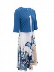 Solid Cardigan & Butterfly Print Dress Set Women's Clothing