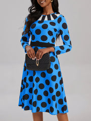  Polka Dot Print Long Sleeve Dress With Pockets