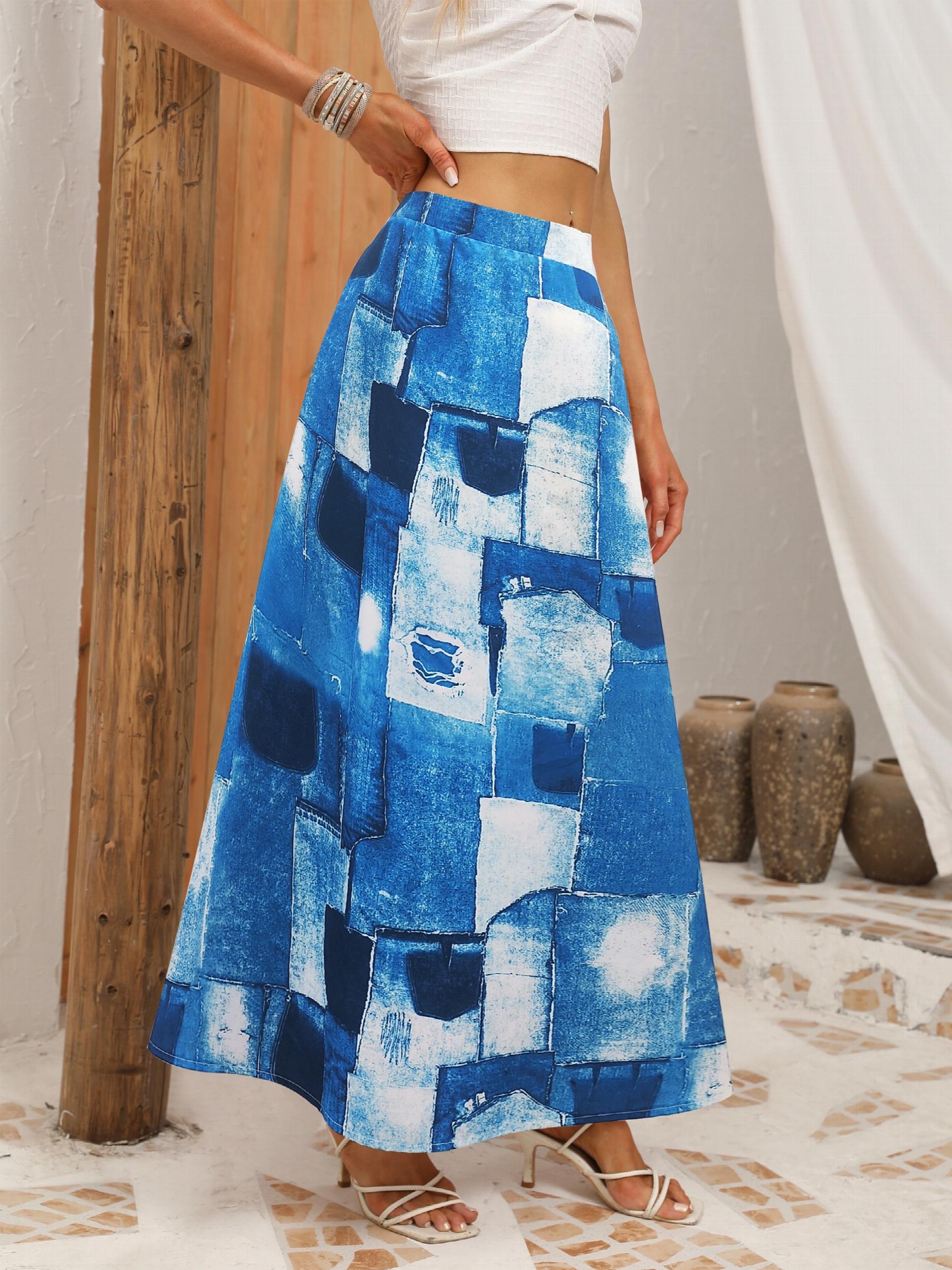  Colorblock Denim Print Maxi Skirt