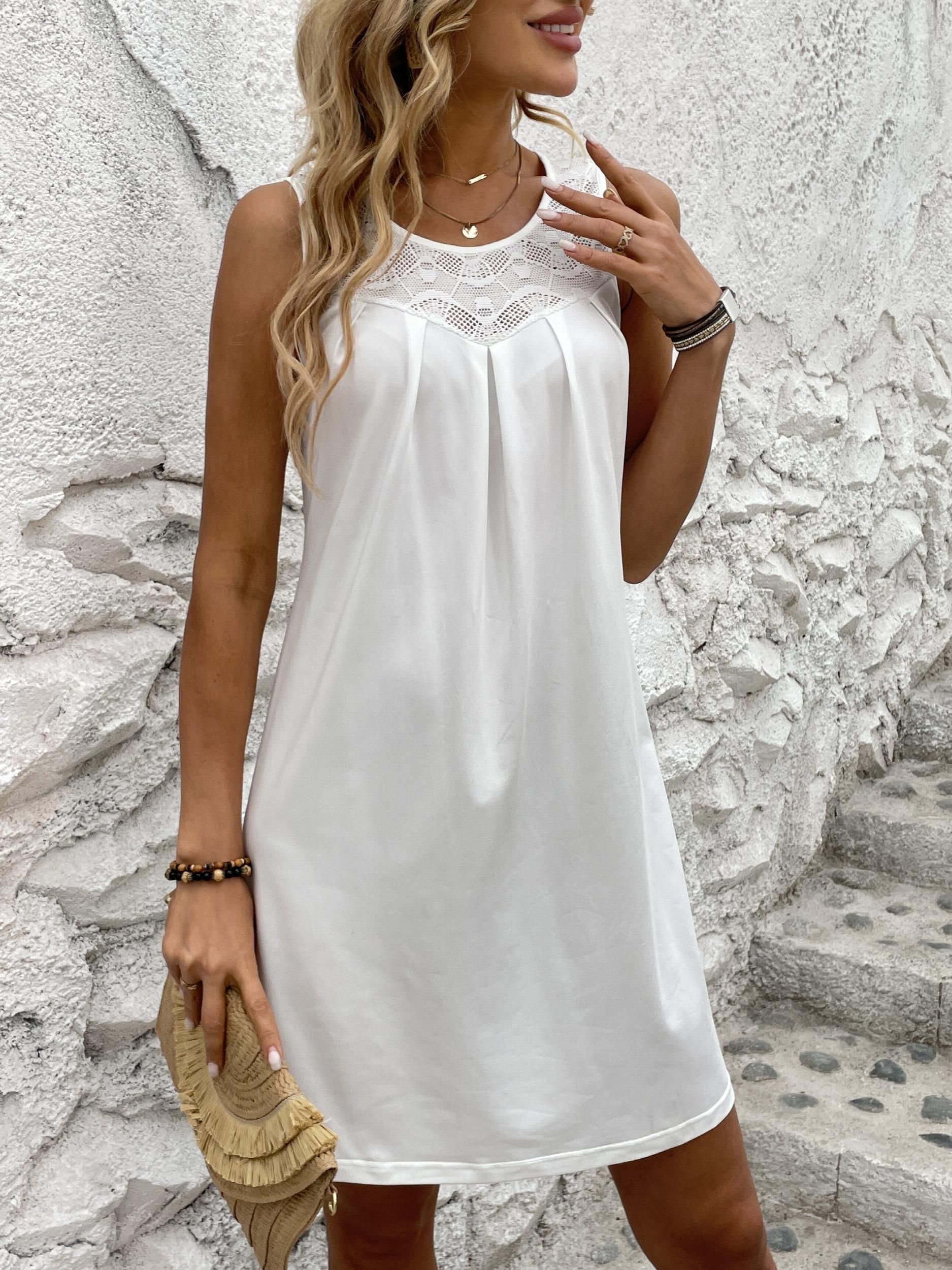 Eyelet Tucked Tank Dress Casual Sleeveless Yoked Dress
