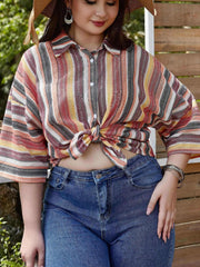  Stripe Print Bat Sleeve Blouse