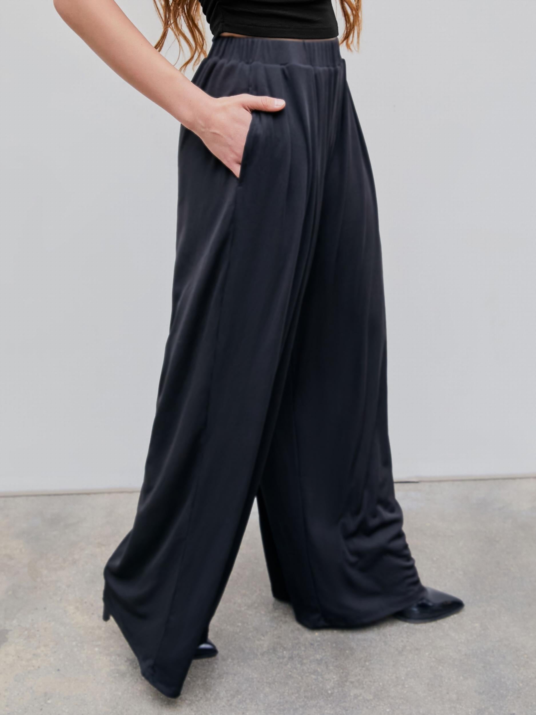  Wide Leg Trousers Elastic High Rise Stretch Pants