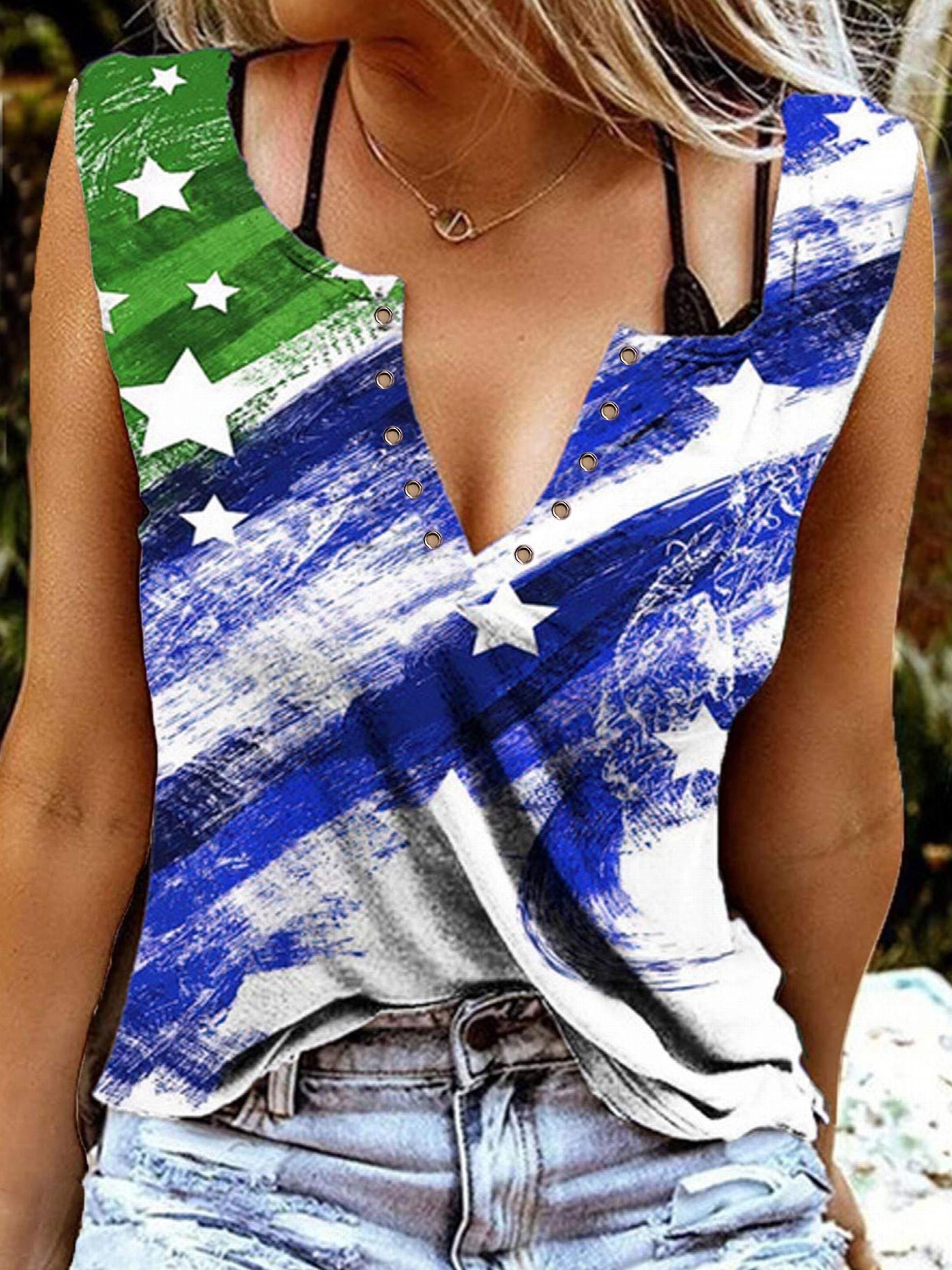 Flag Print Tank Top Sleeveless V Neck Tank Top
