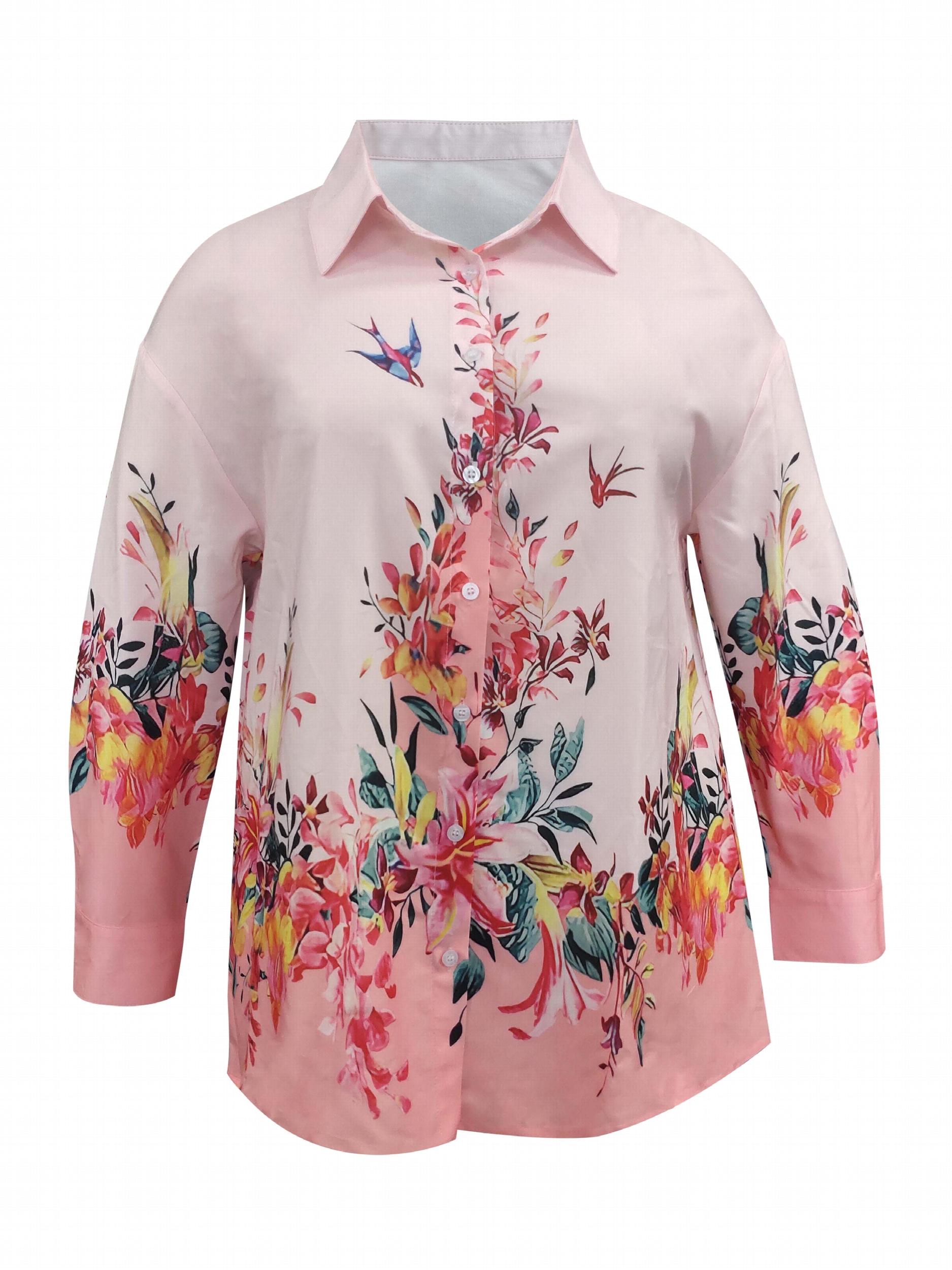  Blouse Women's Plus Bird Print Long Sleeve Button Up Tunic Top