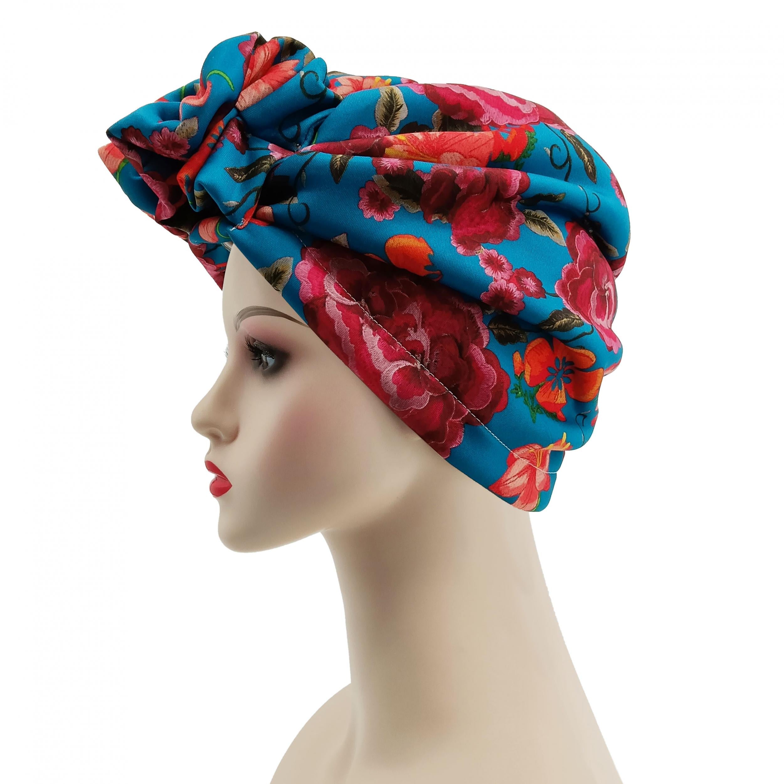 Boho Flower Print Turban Cap Pleated Headwrap Casual Head Scarf