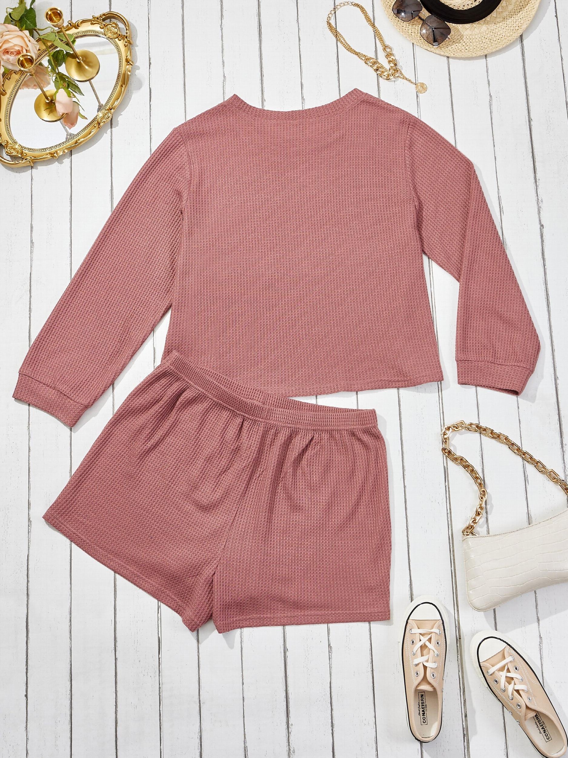  Waffle Pattern Long Sleeve Top & Shorts 2 Piece Set
