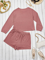  Waffle Pattern Long Sleeve Top & Shorts 2 Piece Set