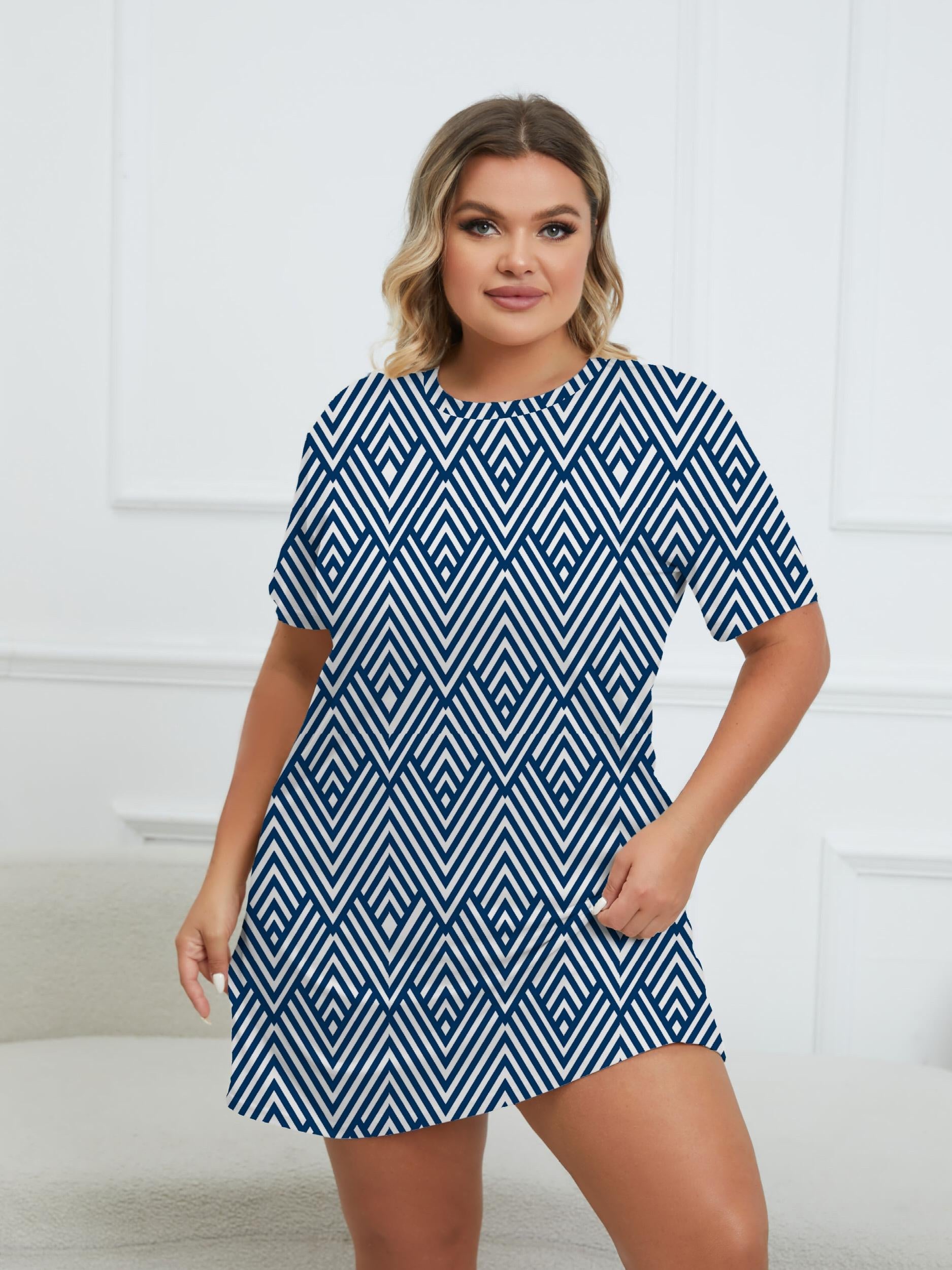  Geometric Print Round Neck Dress