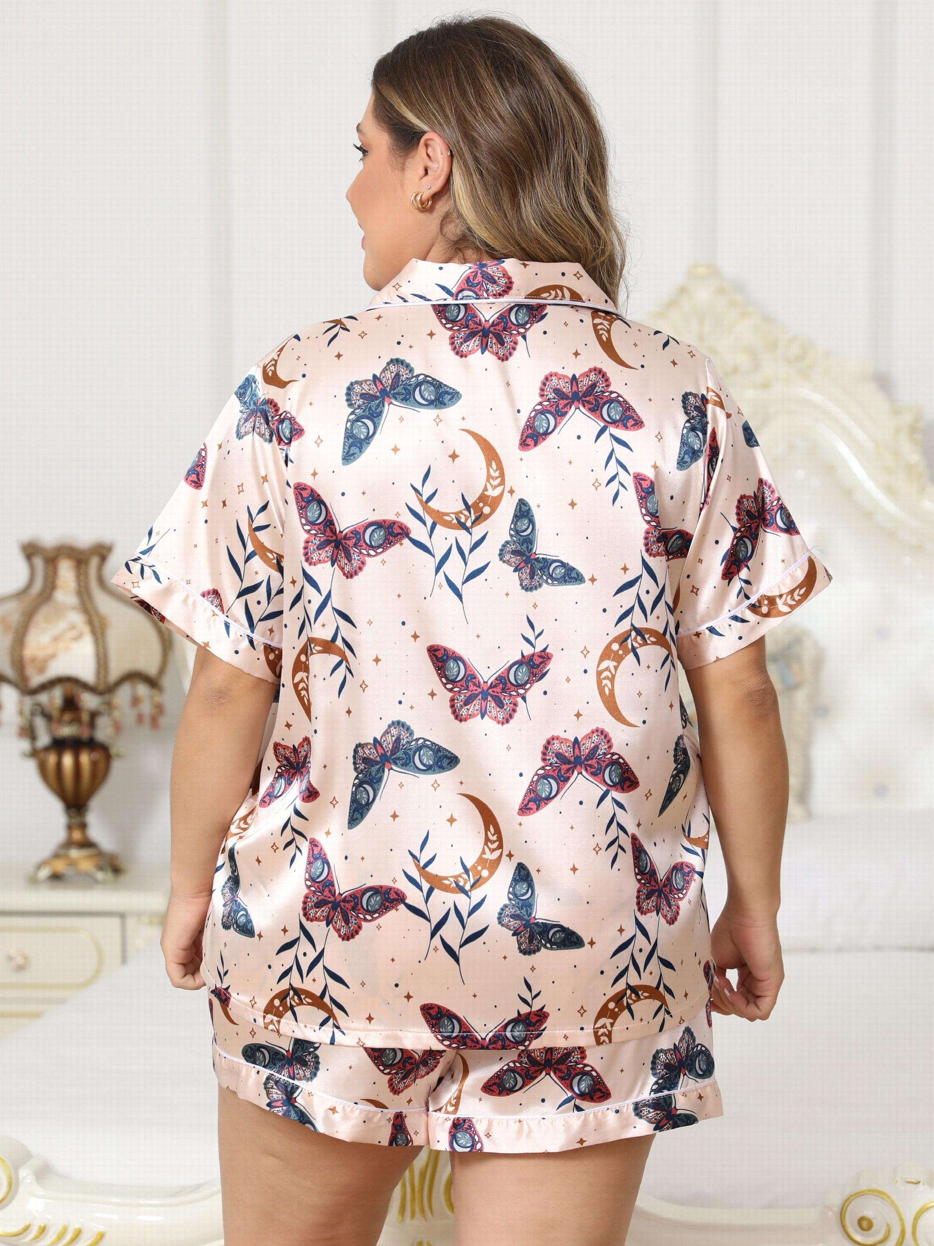  Butterfly & Moon Print Pajama Set Short Sleeve Button Up Shirt & Short