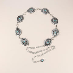 Vintage Oval Turquoise Waist Chain Boho Metal Chain Belt