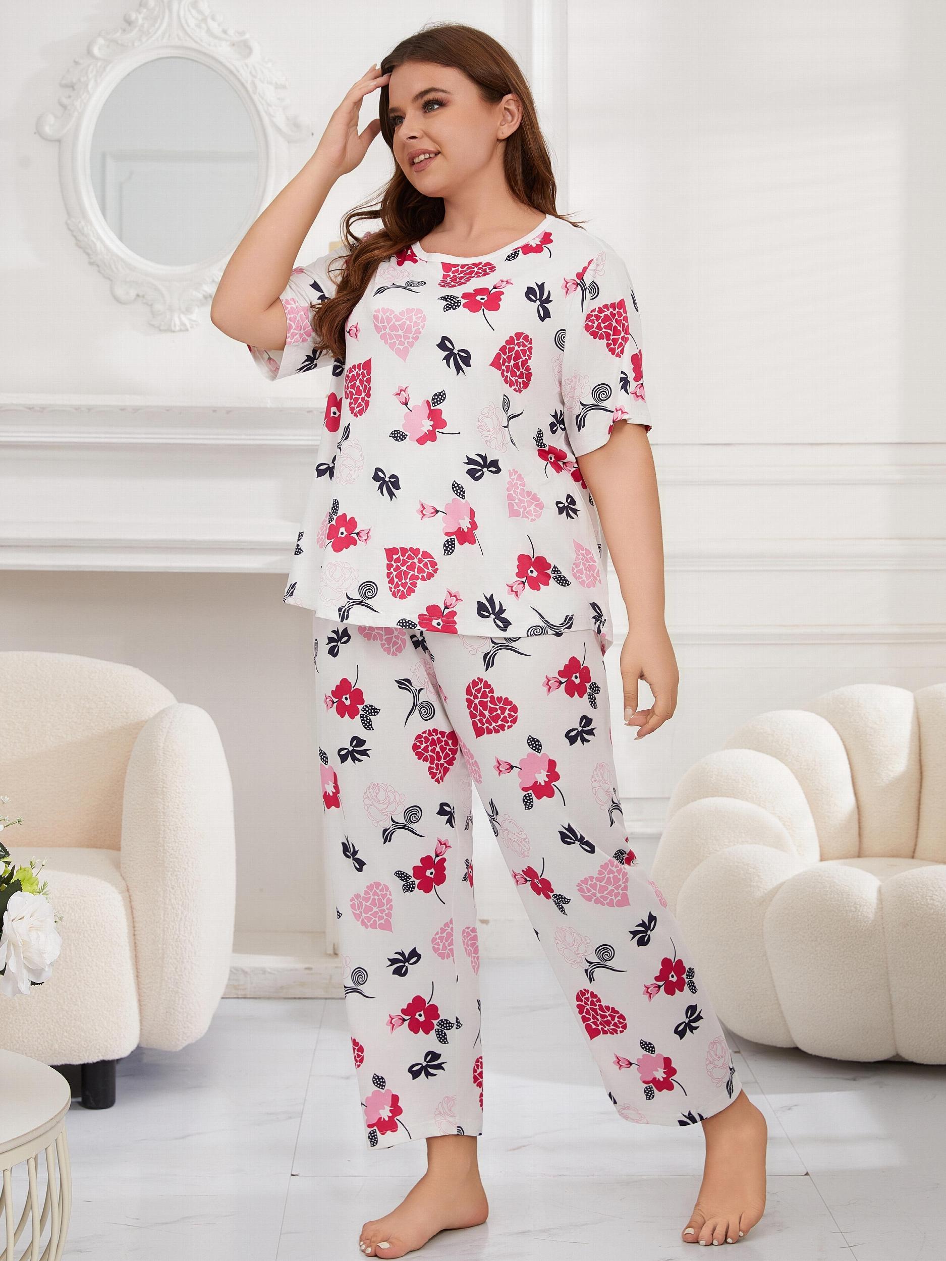  Floral & Heart Print Short Sleeve Tee & Pants Home Wear Set