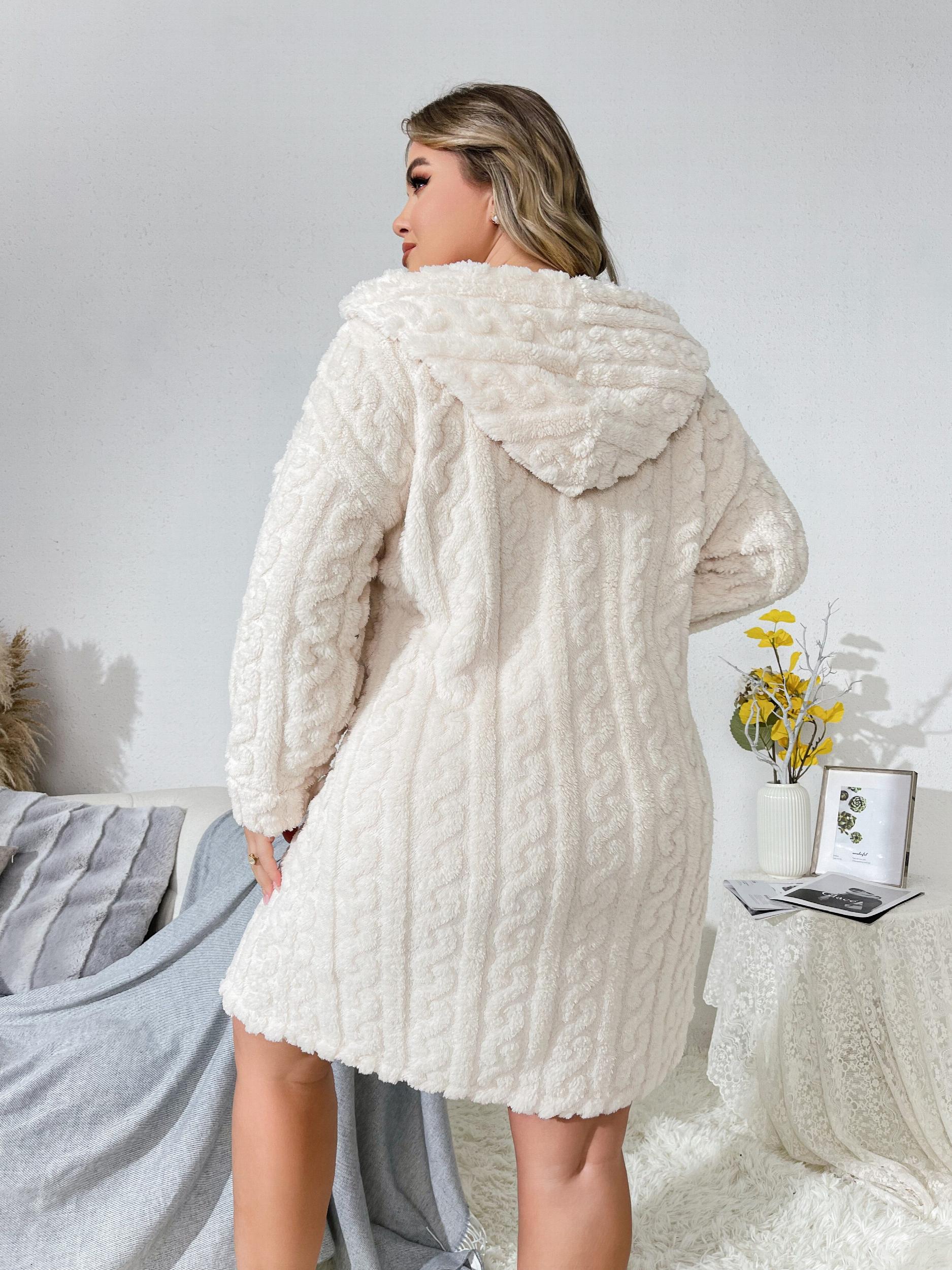  Ribbed Long Sleeve Hooded Button Up Flannel Loungewear Robe