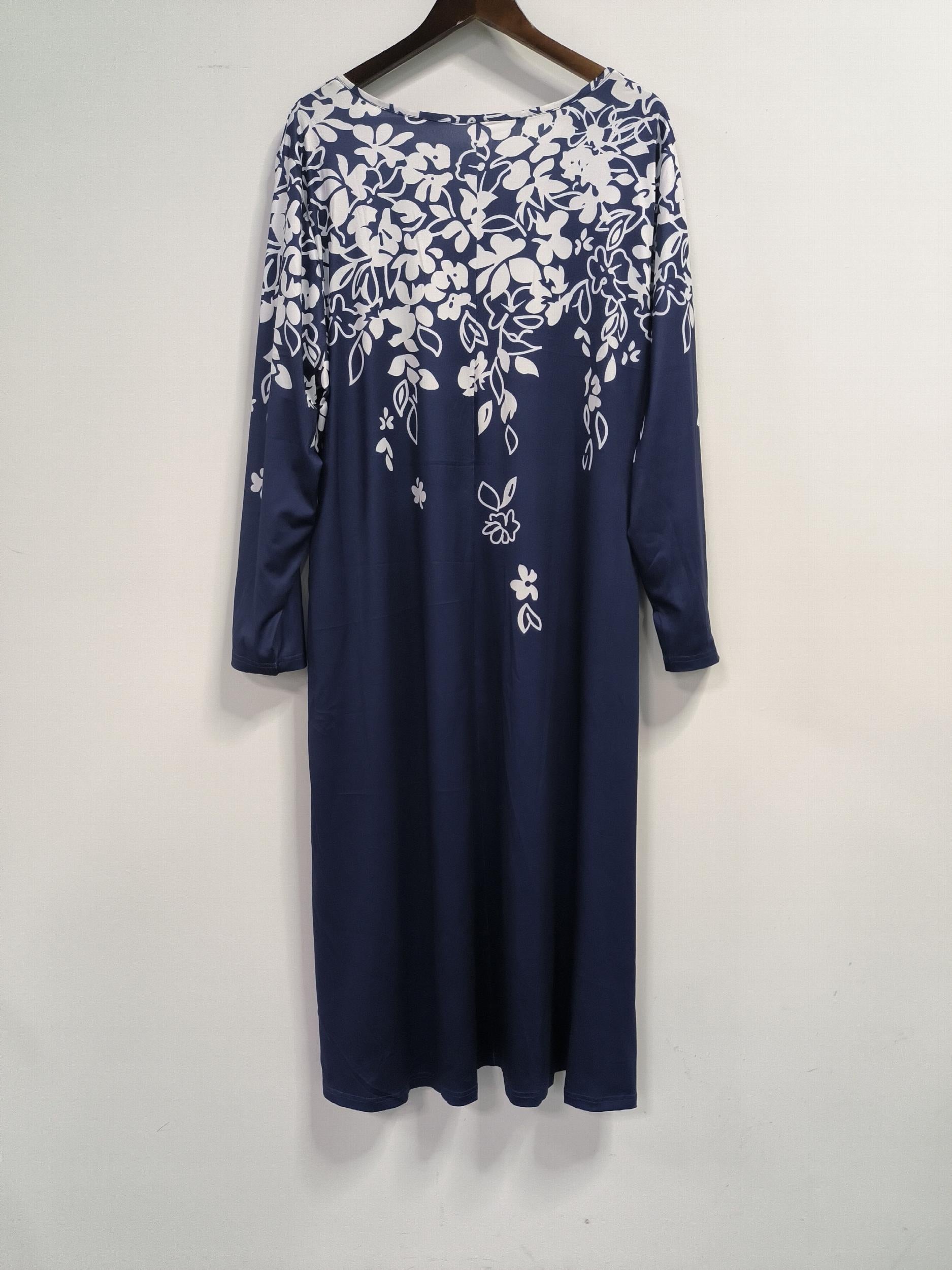  Floral Print Long Sleeve Maxi Dress With Pockets