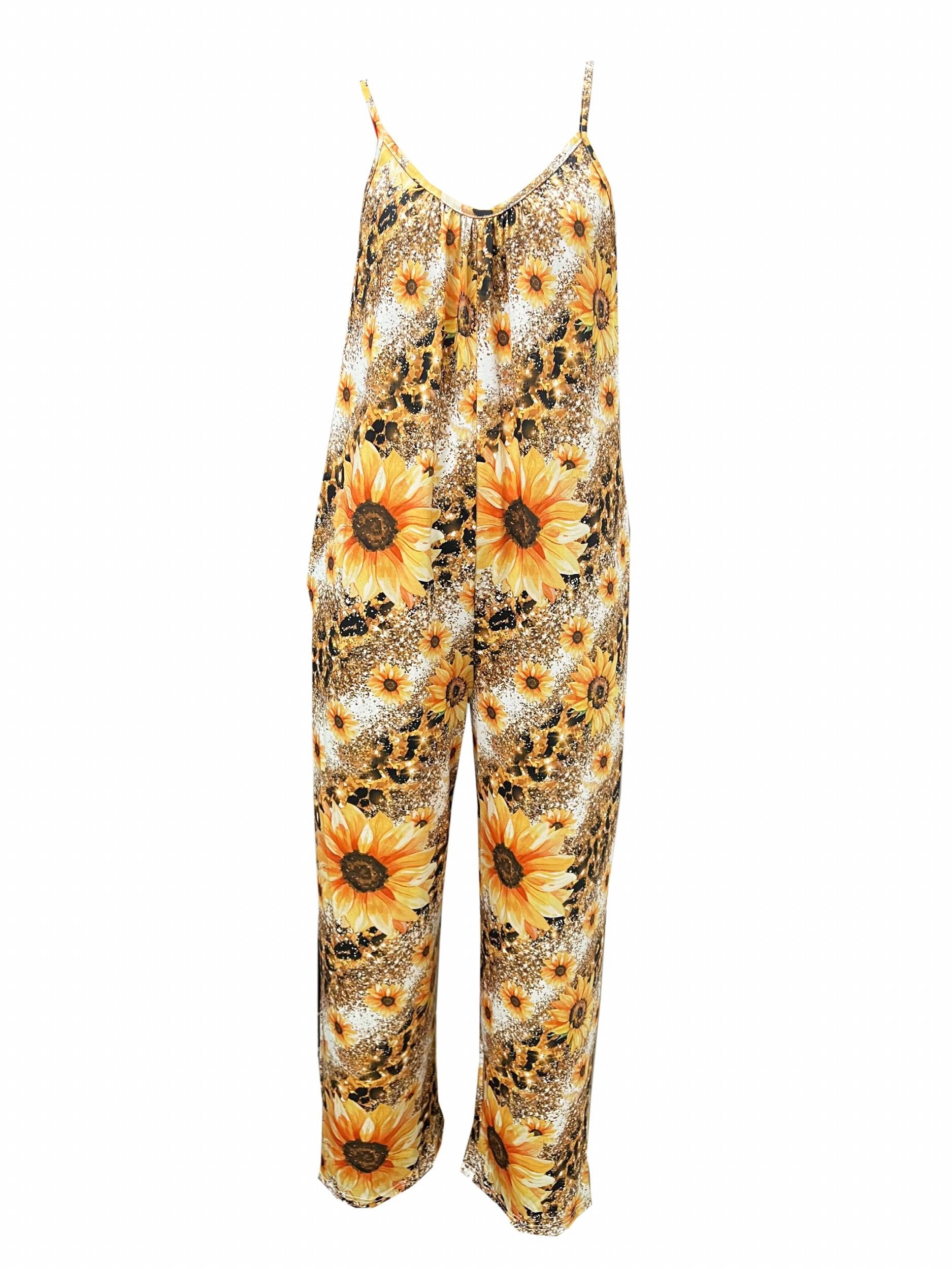  Sunflower & Leopard Print V Neck Wide Leg Cami Jumpsuit With Pockets