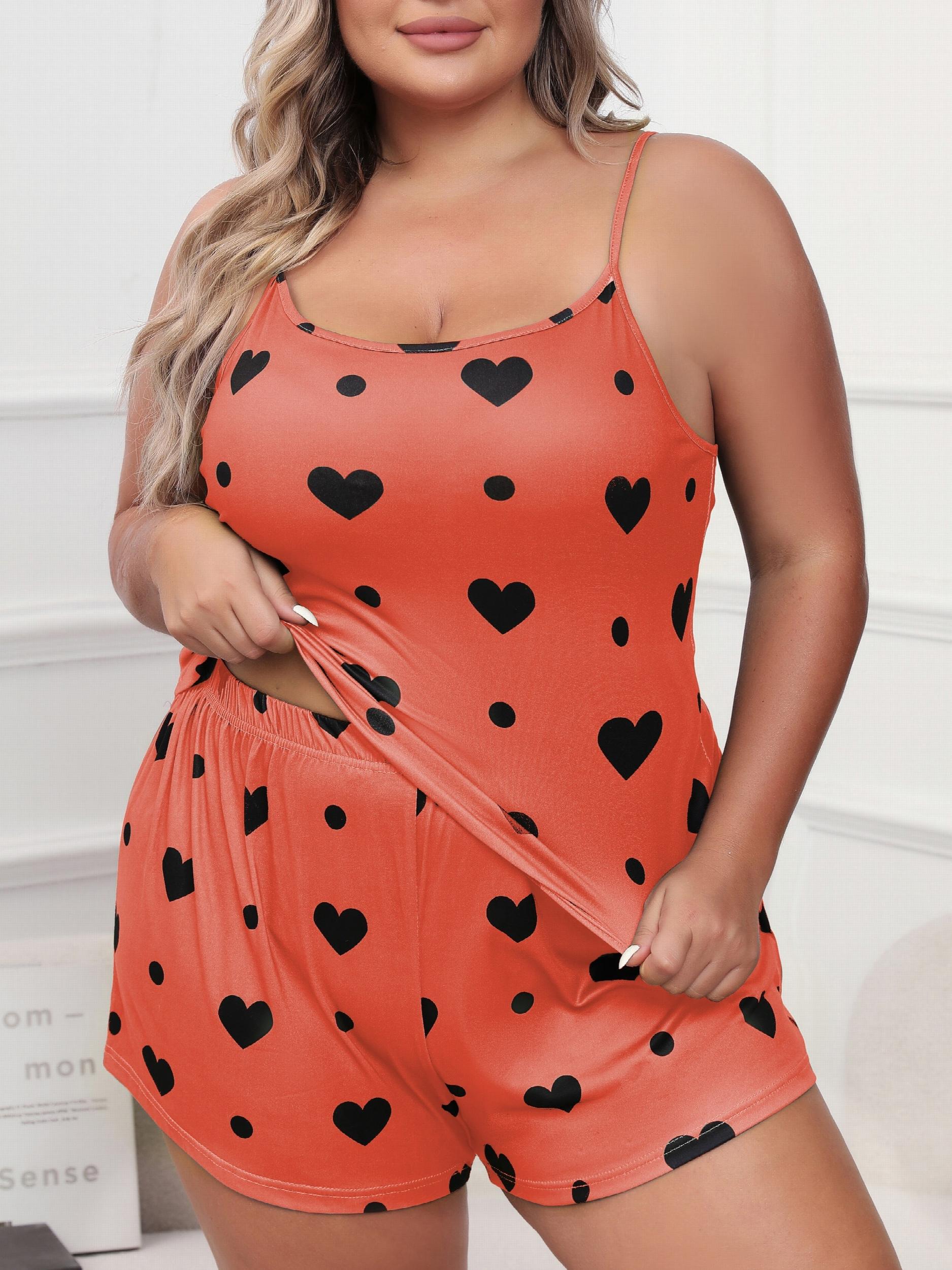  Heart & Dot Print Pajama Set Women's Cami Top & Shorts Two Piece