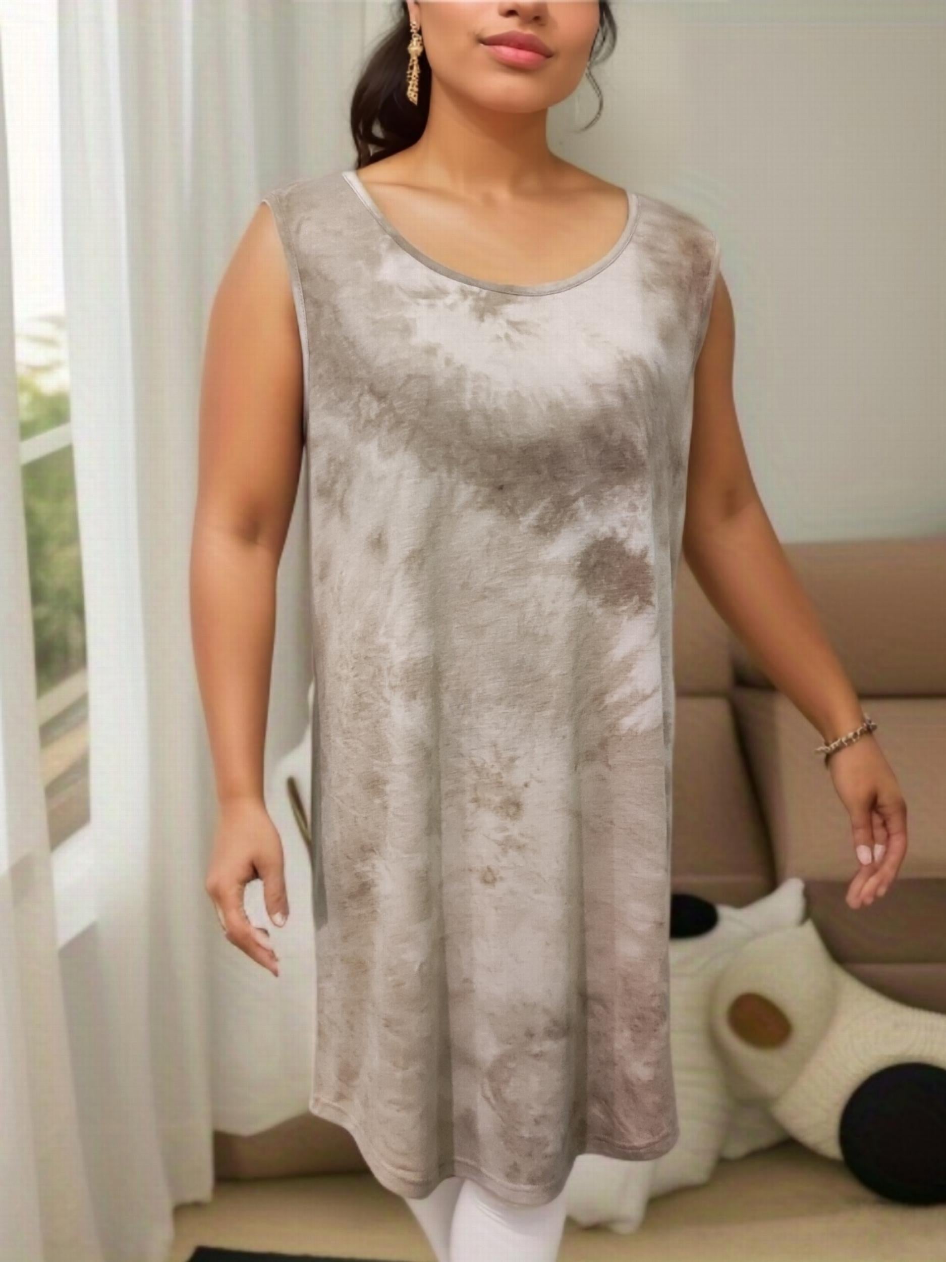Tie Dye Print Lounge Dresses Crew Neck Sleeveless Home Dress Women's Loungewear