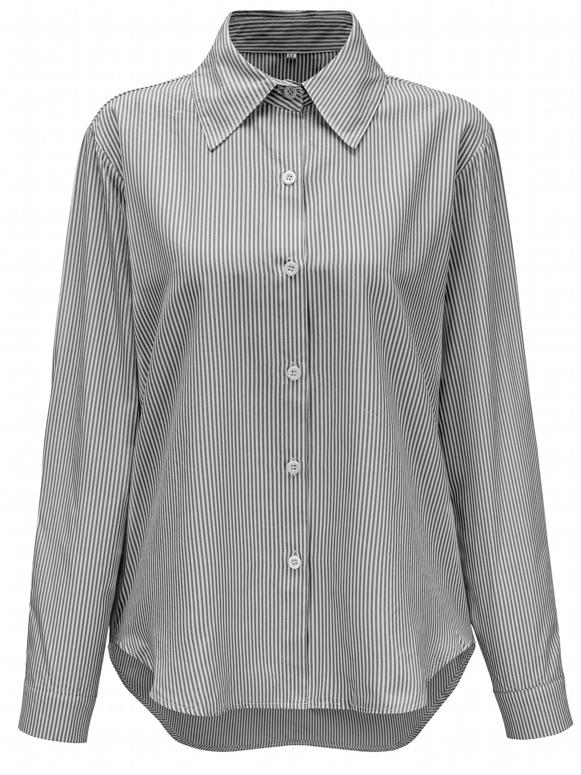  Stripe Print Button Up Roll Up Sleeve Blouse