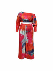  Tie Dye One Shoulder Crop Top & Wide Leg Pants Set