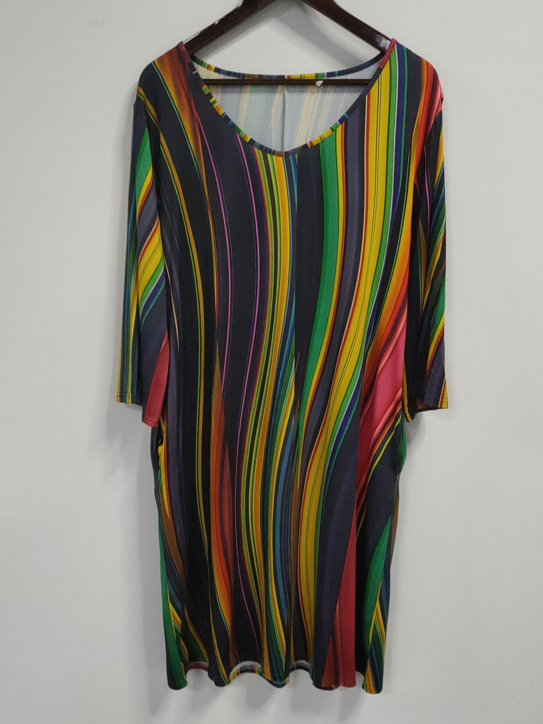  Boho Dress Women's Plus Stripe Print V Neck Tee Dress With Pockets