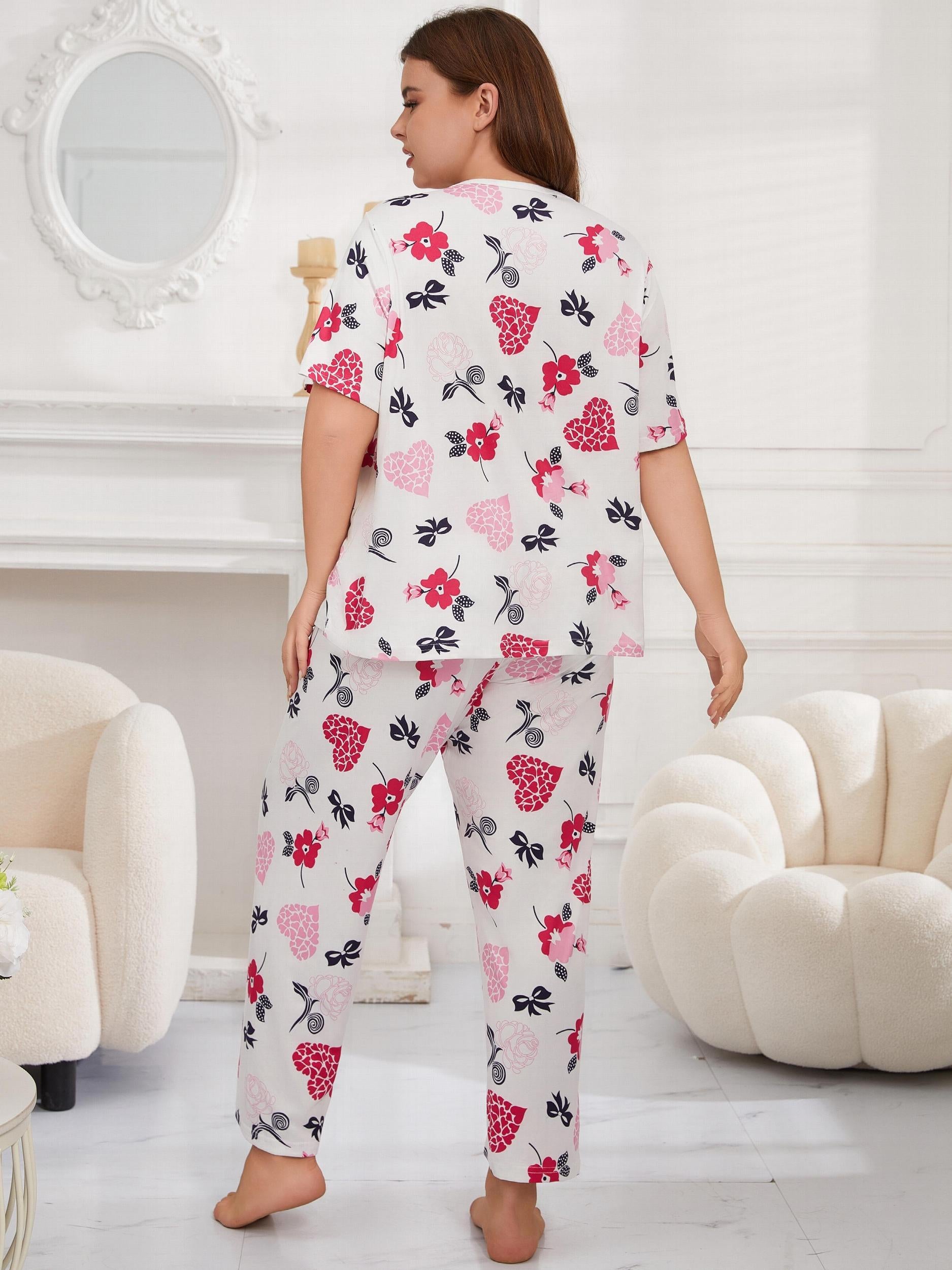  Floral & Heart Print Short Sleeve Tee & Pants Home Wear Set