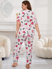  Floral & Heart Print Short Sleeve Tee & Pants Home Wear Set
