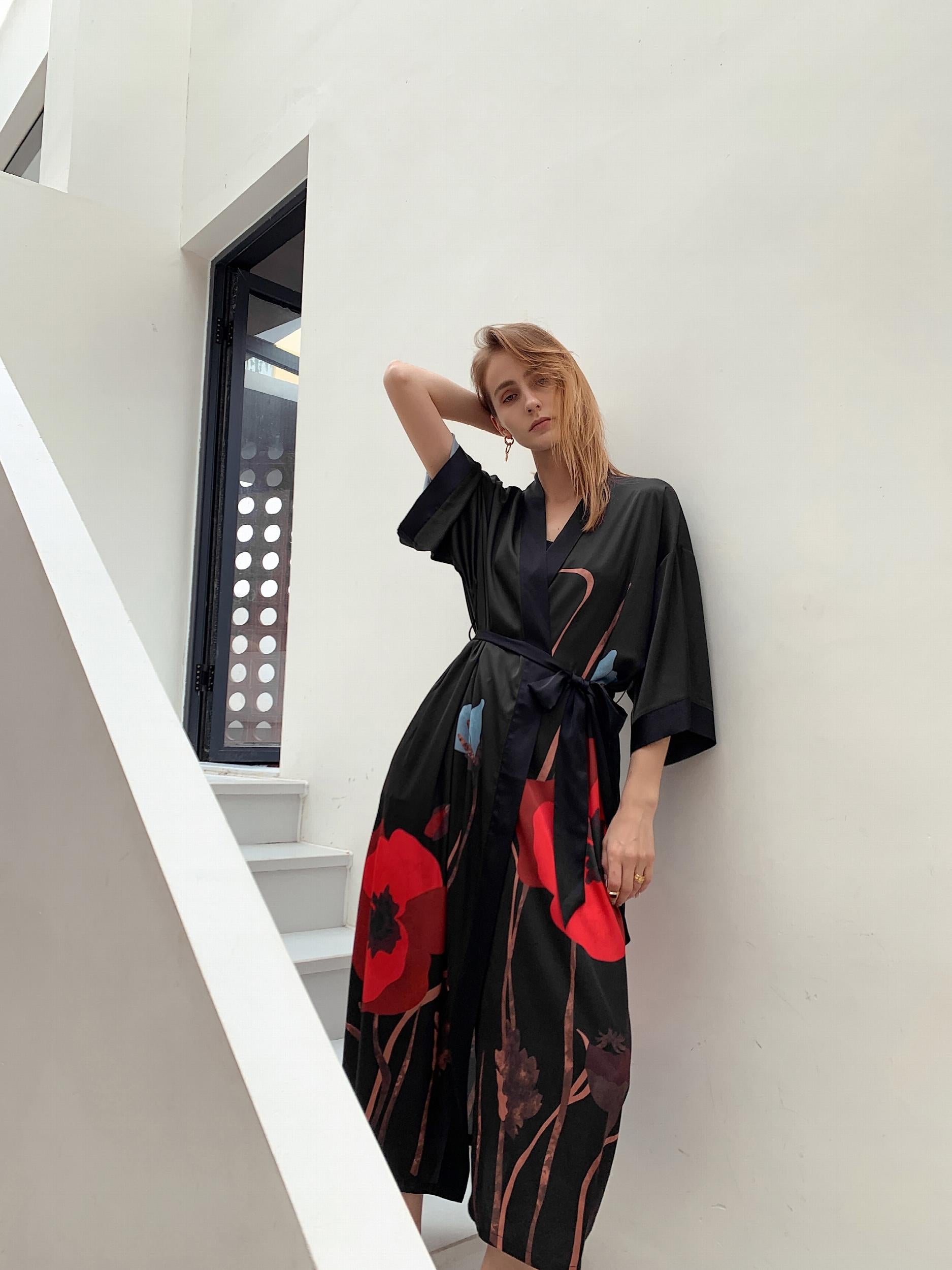  Satin Floral Print Robe, 3/4 Sleeve Loungewear