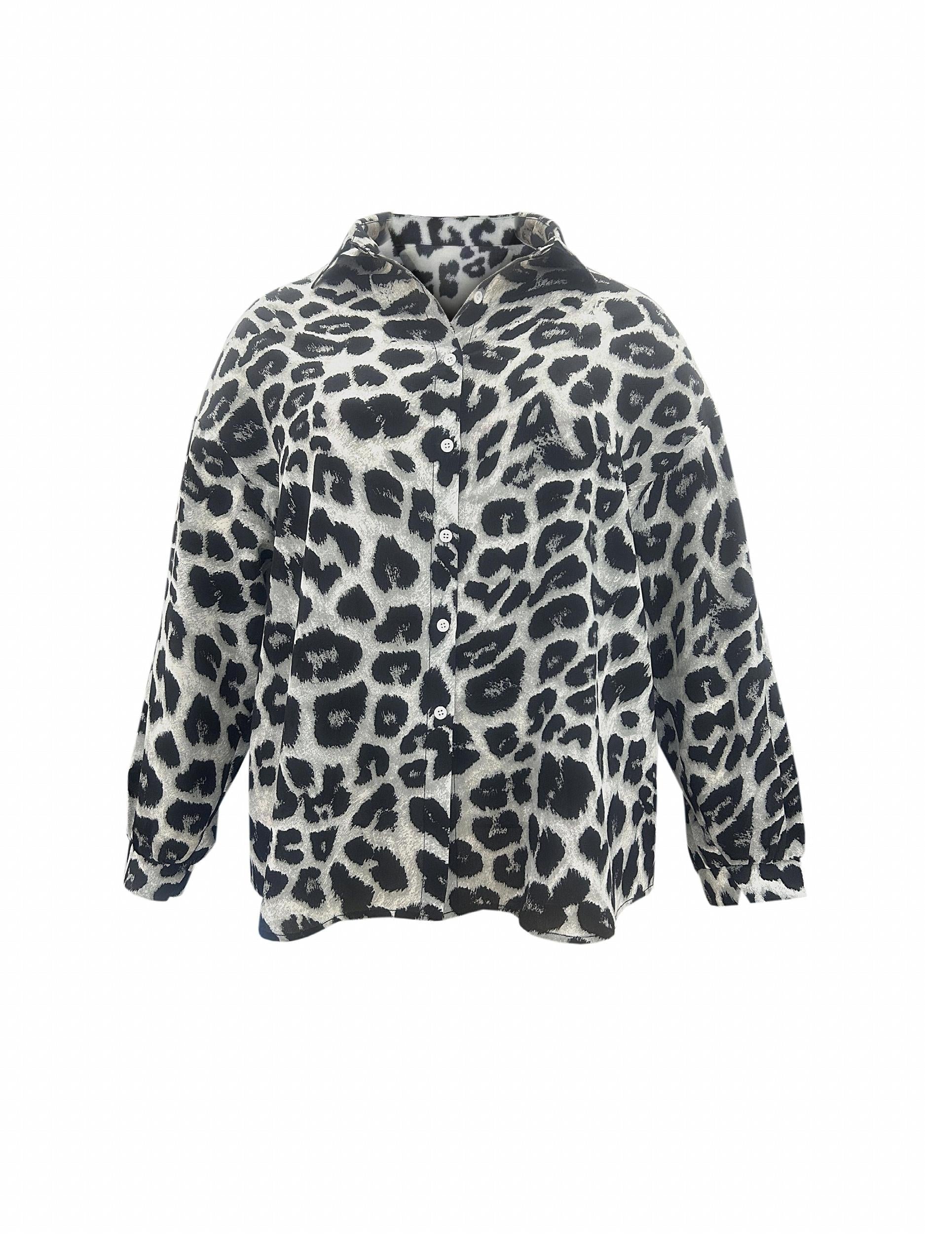  Leopard Print Long Sleeve Button Up Blouse
