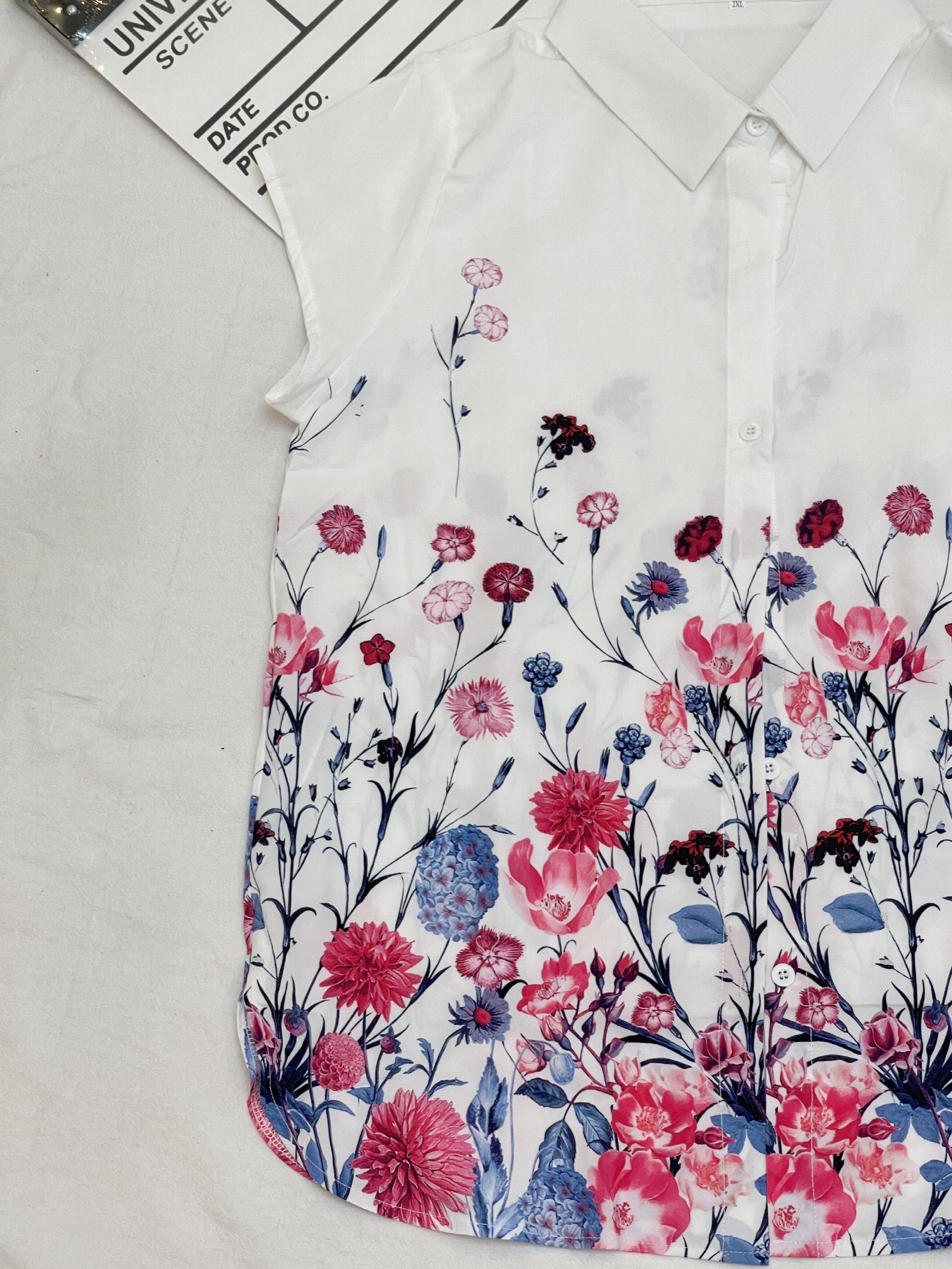  Floral Print Polo Neck Button Up Blouse
