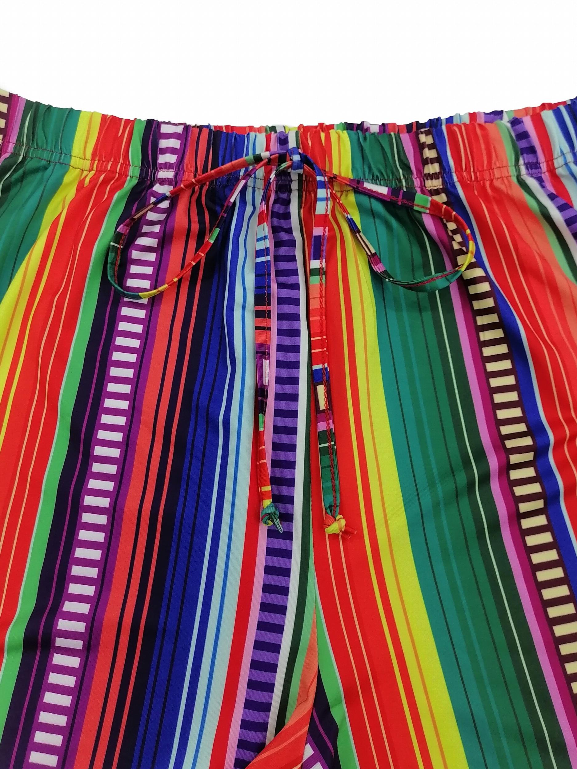  Rainbow Striped Print Medium Stretch Tie Shorts