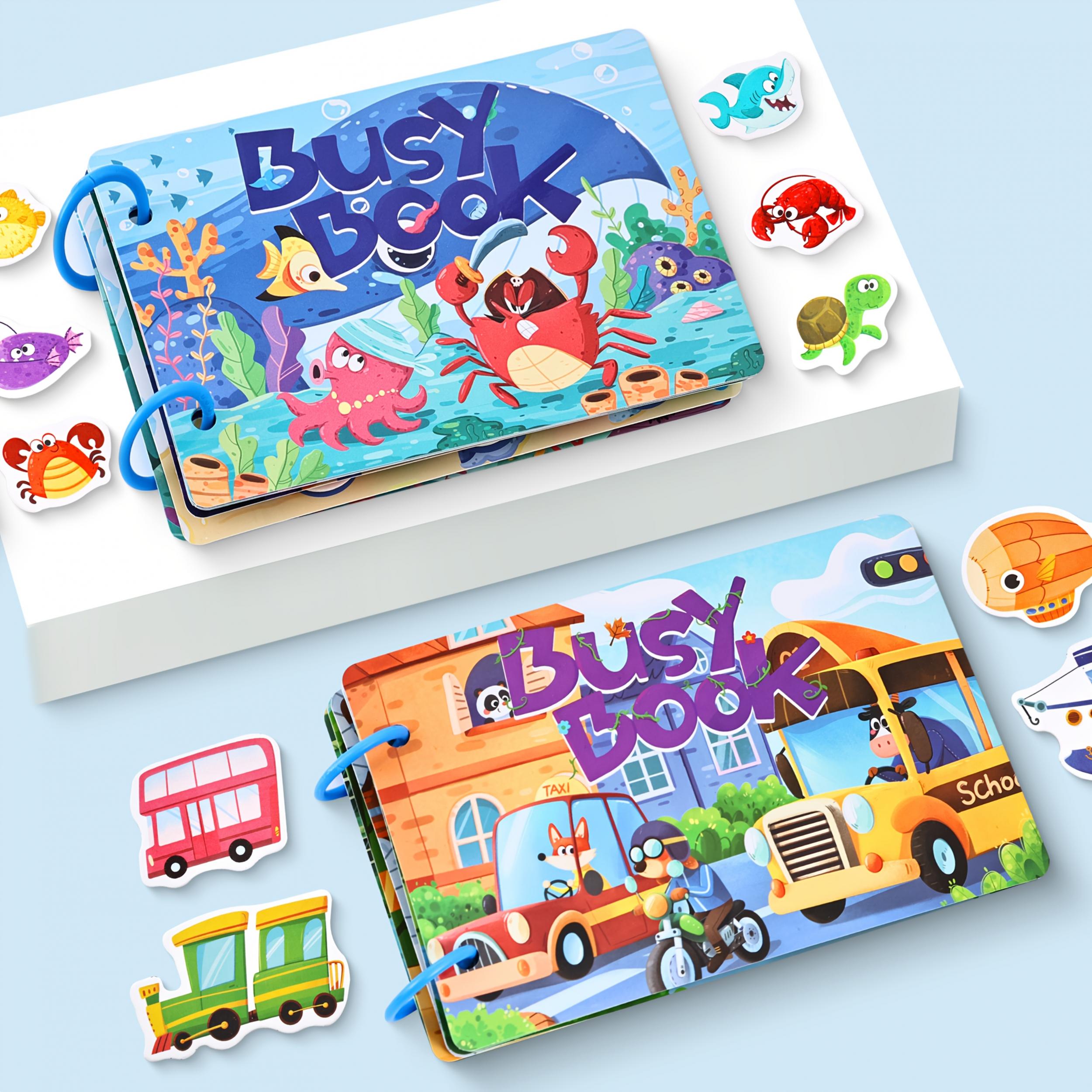 Interactive Cartoon Busy Book with Letters & Math Skills, Sticker Activity