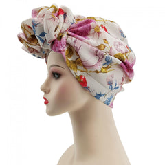 Boho Flower Print Turban Cap Pleated Headwrap Casual Head Scarf