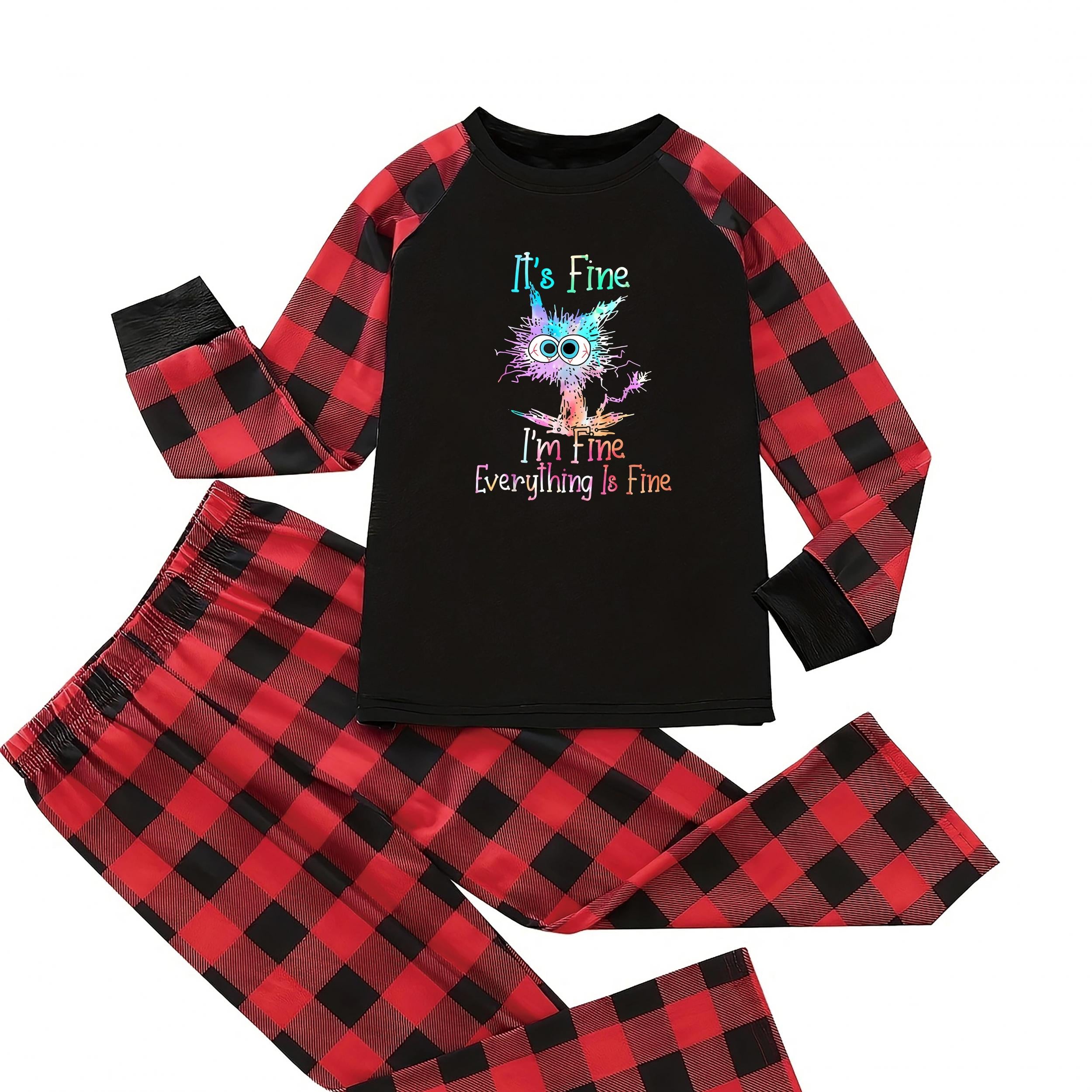  Cat & Plaid Print Pajama Set Tee & Pants Lounge Two Piece Set
