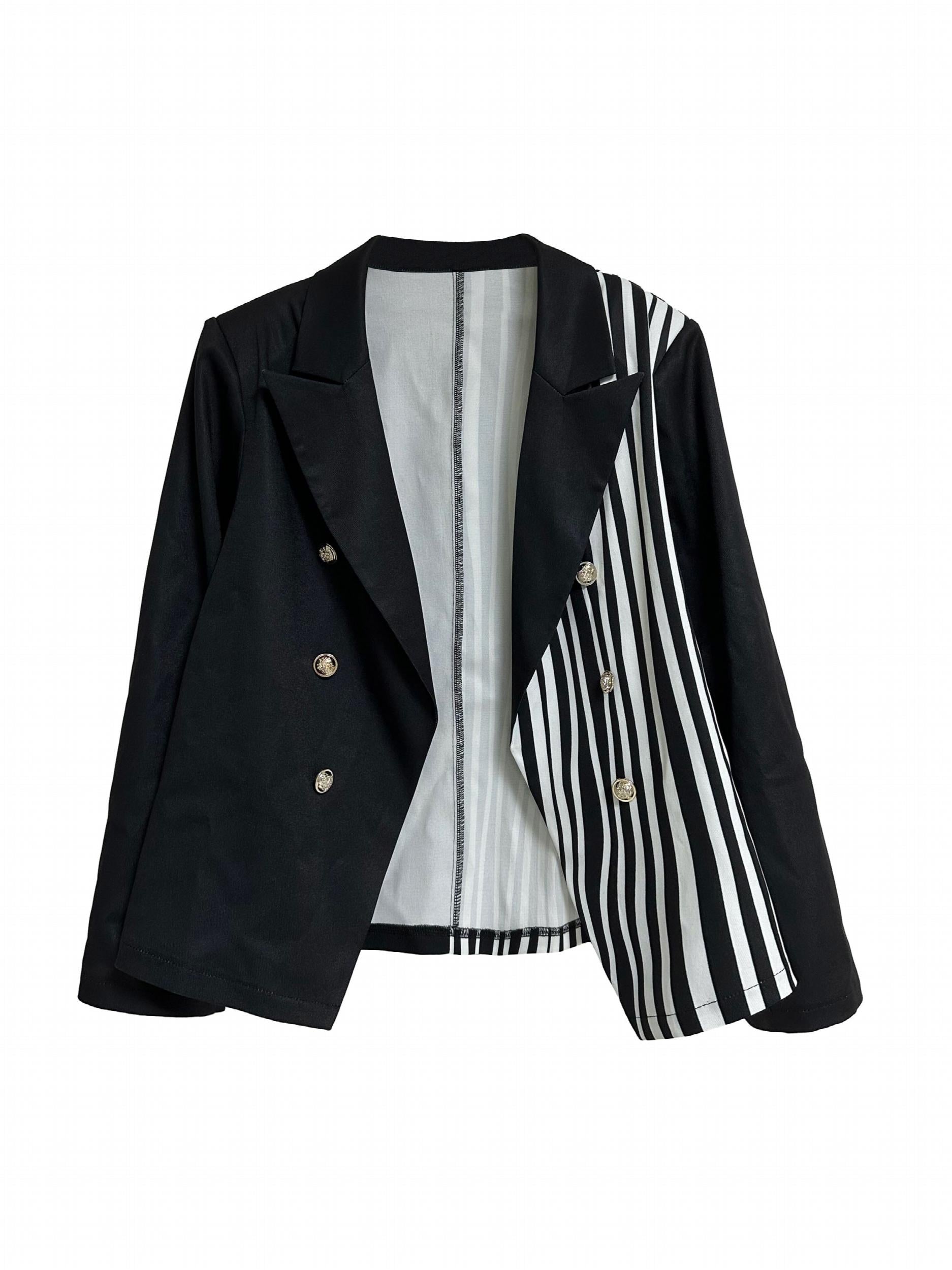  Colorblock Stripe Print Long Sleeve Blazer