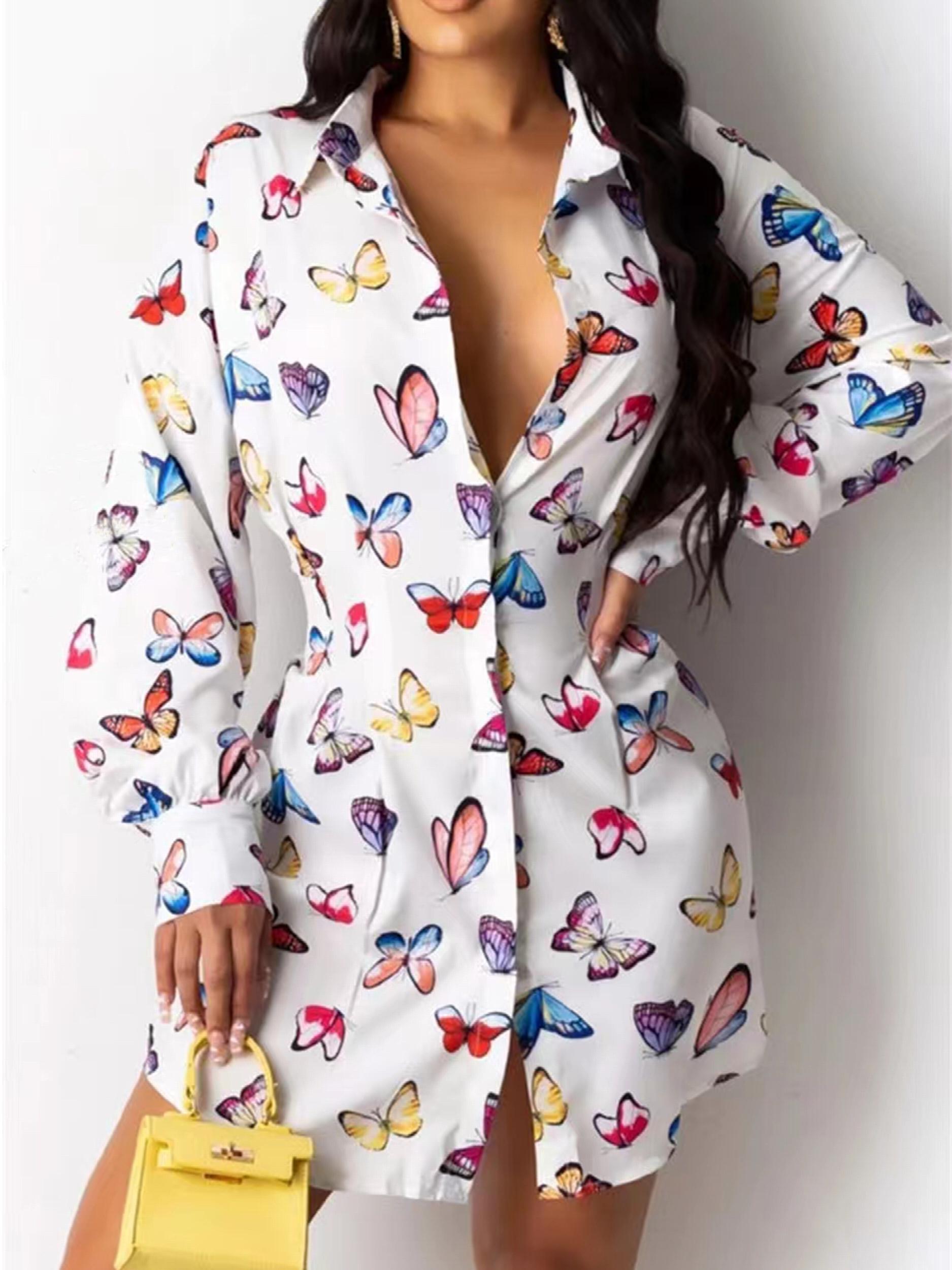 Plus Size Butterfly Print Button Up Blouse