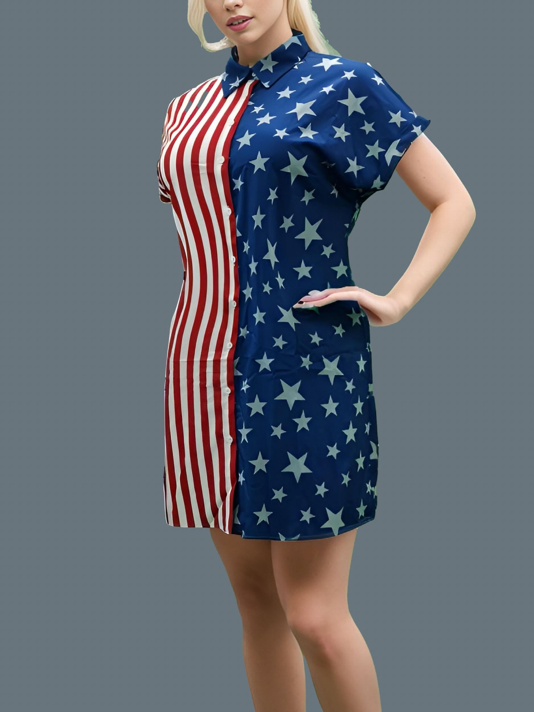  Stripe & Star Print Button Up Shirt Dress