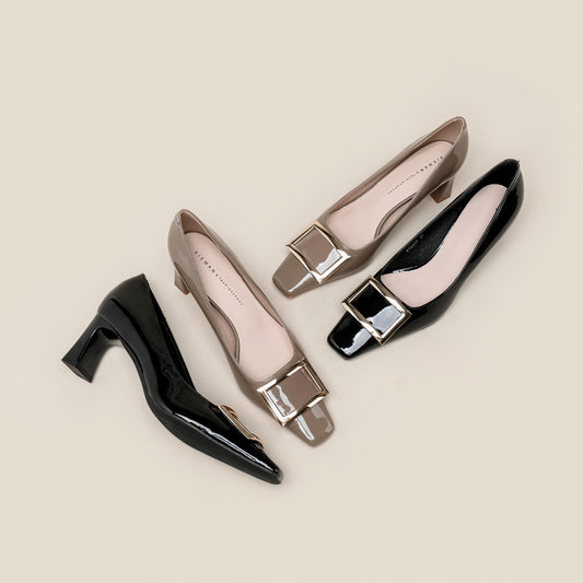 Women's Square Buckle Pumps Square Toe Chunky Heels
