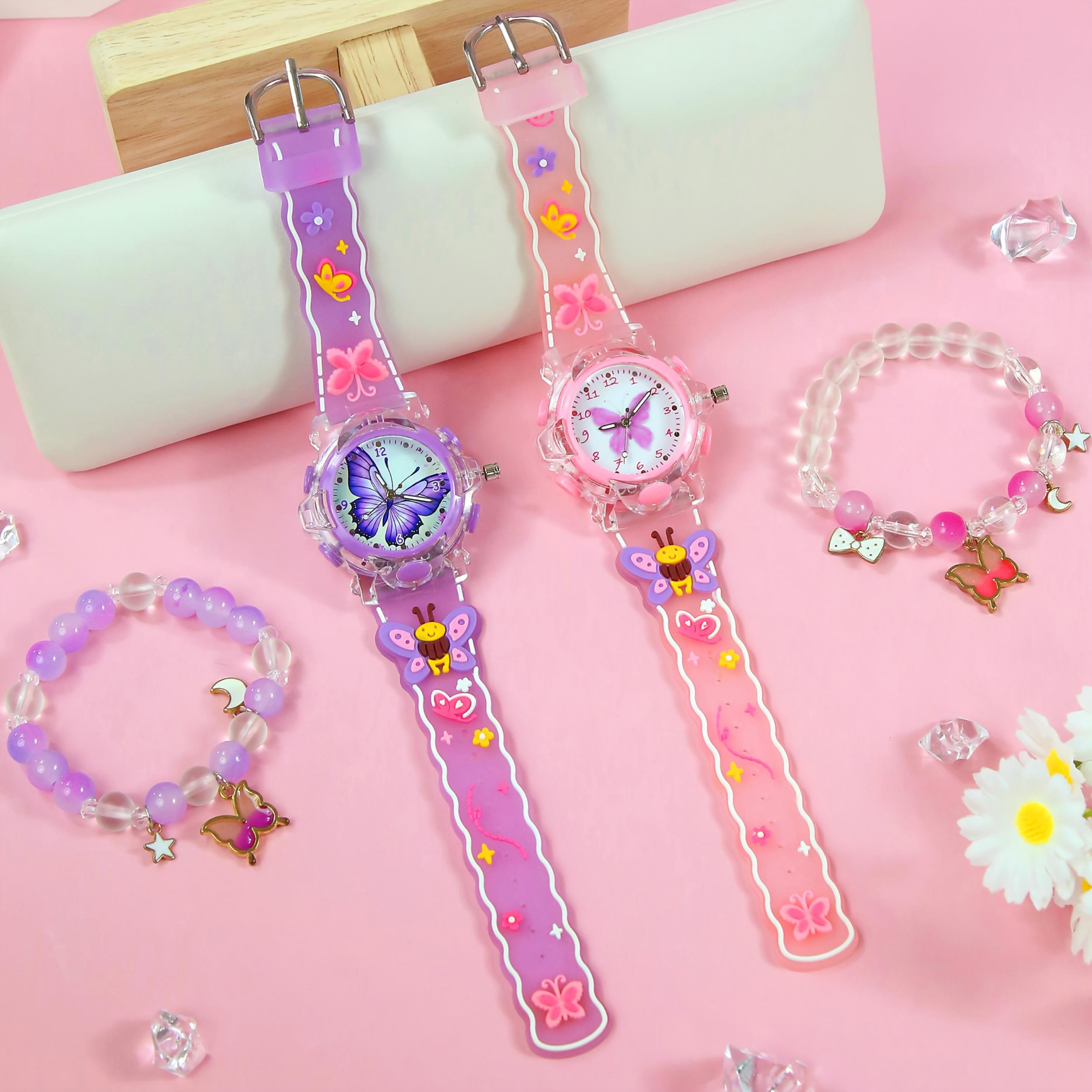 2pcs Girls' Quartz Watch Set with Butterfly Silicone Strap & LED Light
